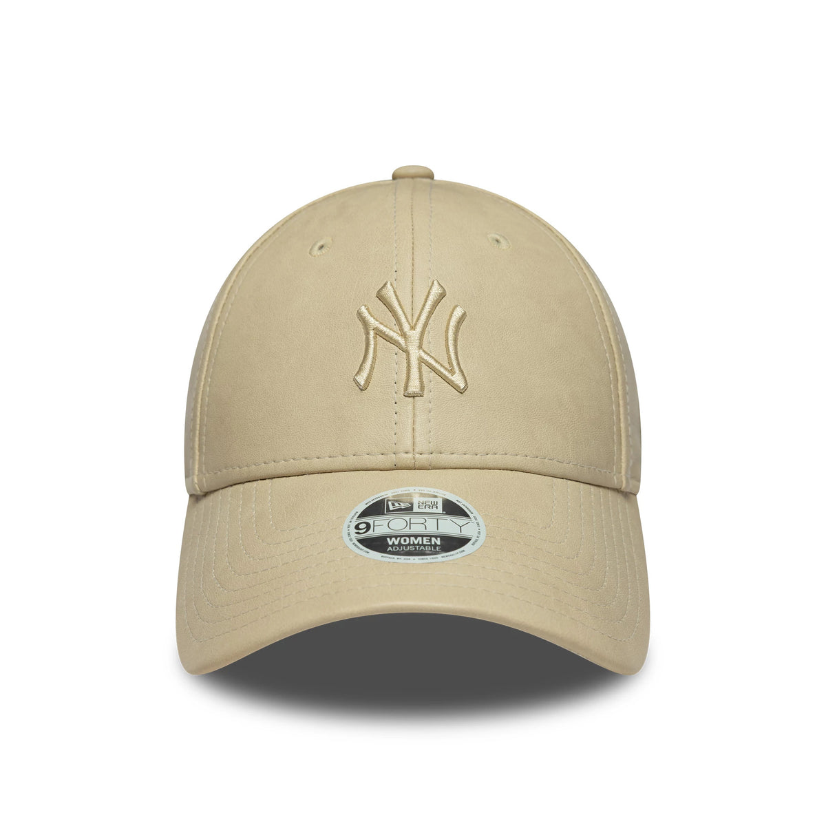 New York Yankees Womens MLB PU Light Beige New Era 9FORTY Cap, front view showing the raised light beige New York Yankees logo embroidered on the front panel and a 9FORTY size sticker on the curved visor.