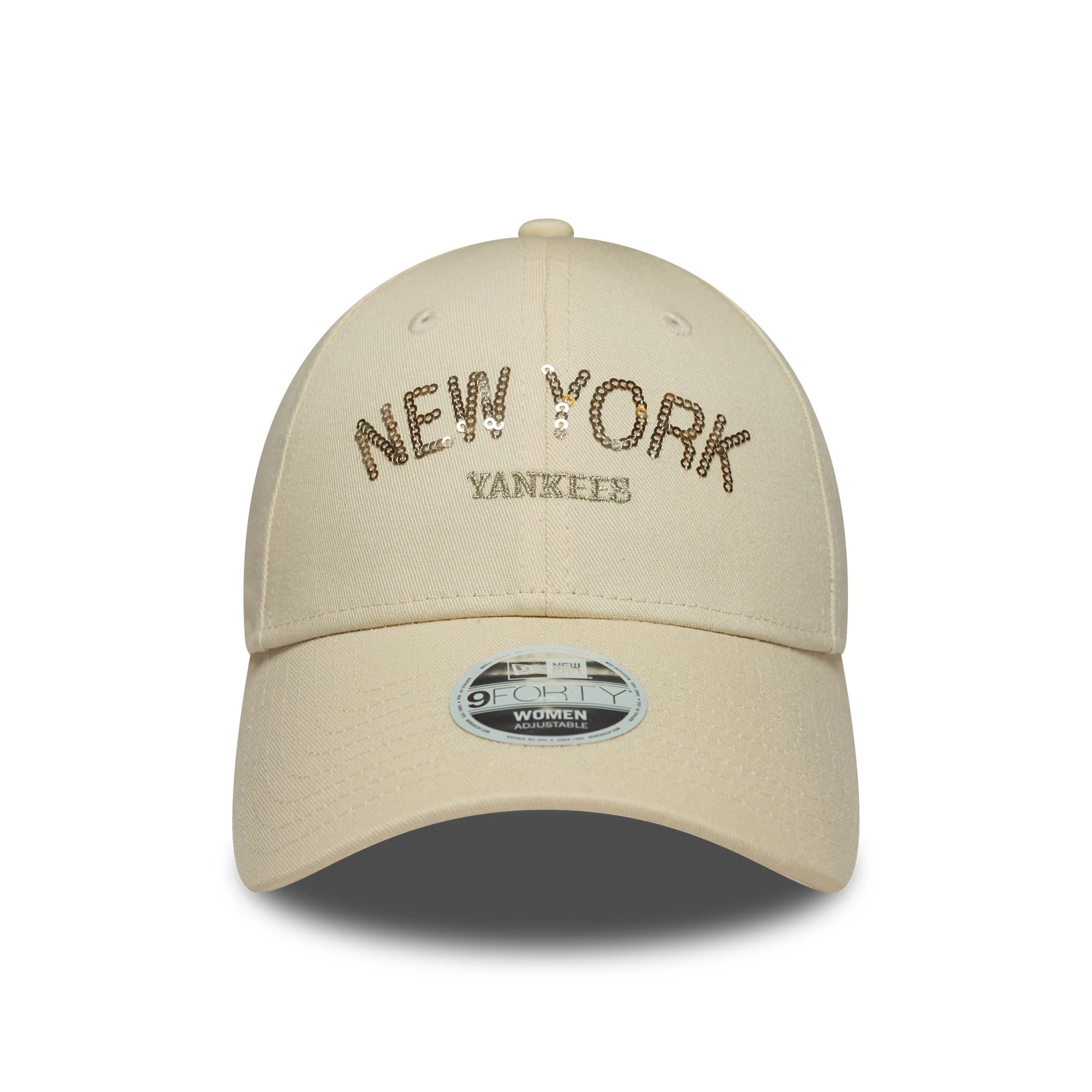 Pictured is this Womens MLB Sequin Wordmark New York Yankees 9FORTY in light beige. 2