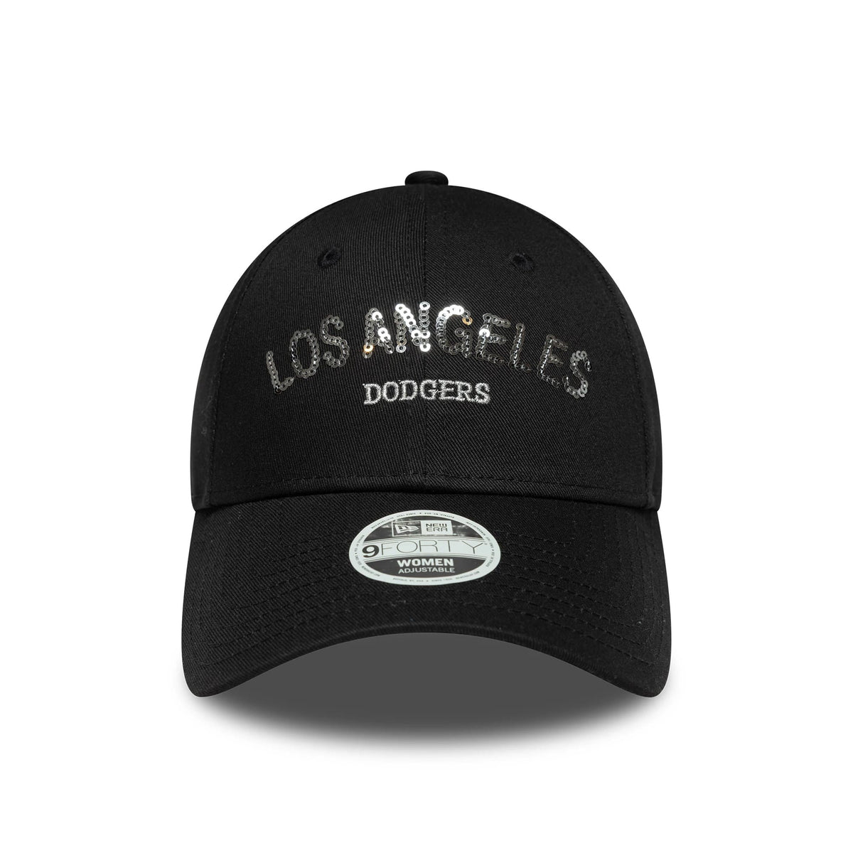 LA Dodgers Womens MLB Sequin Wordmark Black New Era 9FORTY Cap, front view showing a sequin embroidered Los Angeles wordmark and flat white Dodgers lettering on the structured black crown with a 9FORTY size sticker on the black curved visor.