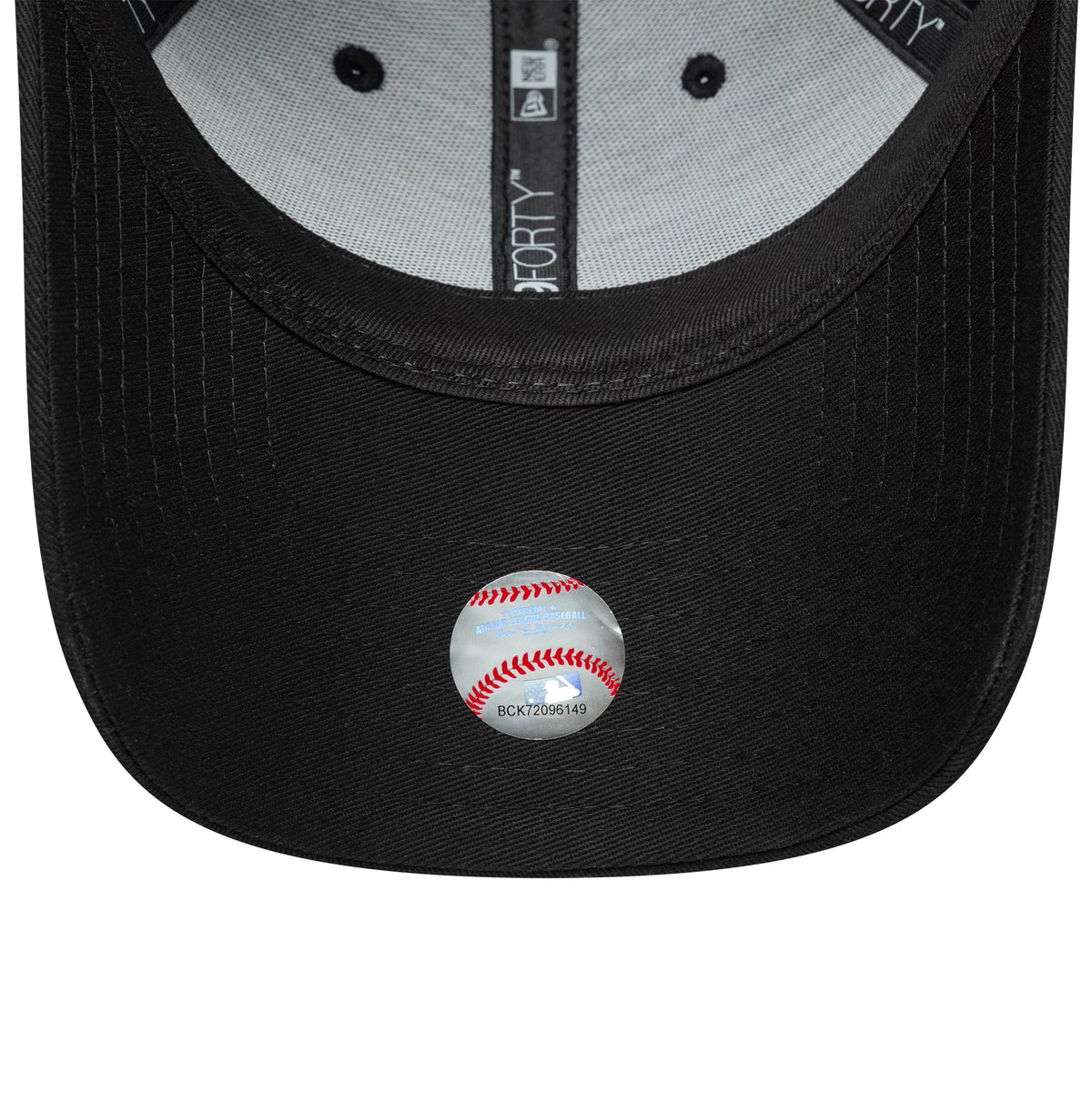 LA Dodgers Womens MLB Sequin Wordmark Black New Era 9FORTY Cap, inside view showing grey taping with 9FORTY branding across the black crown, grey fabric lining and a baseball hologram sticker on the black underside of the visor.