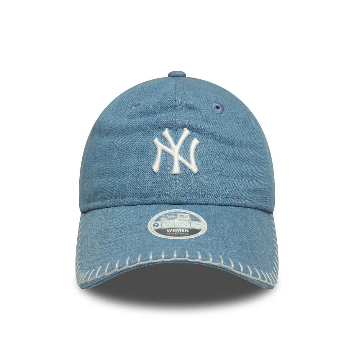 New York Yankees Womens MLB Denim Stitch Pastel Blue New Era 9TWENTY Cap, front view with white embroidered NY logo on the front panel, 9TWENTY size sticker on the curved visor and white stitching detail along the edge.