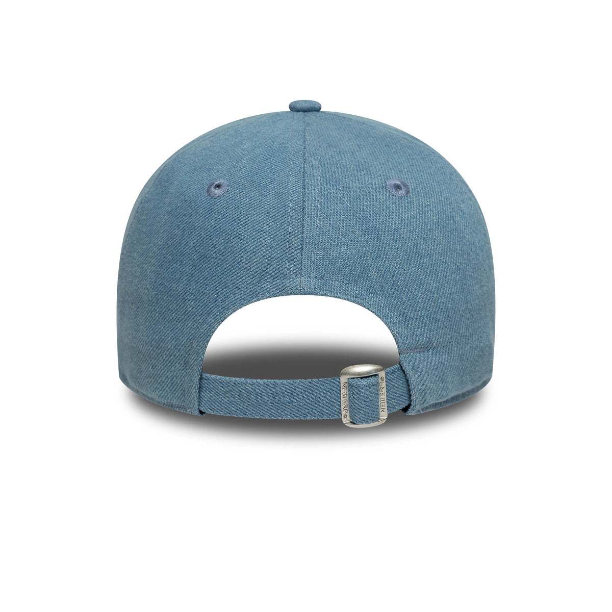 New York Yankees Womens MLB Denim Stitch Pastel Blue New Era 9TWENTY Cap, rear view showing the adjustable strap with buckle at the back, enhanced by embroidered eyelets on the relaxed denim-finish crown.