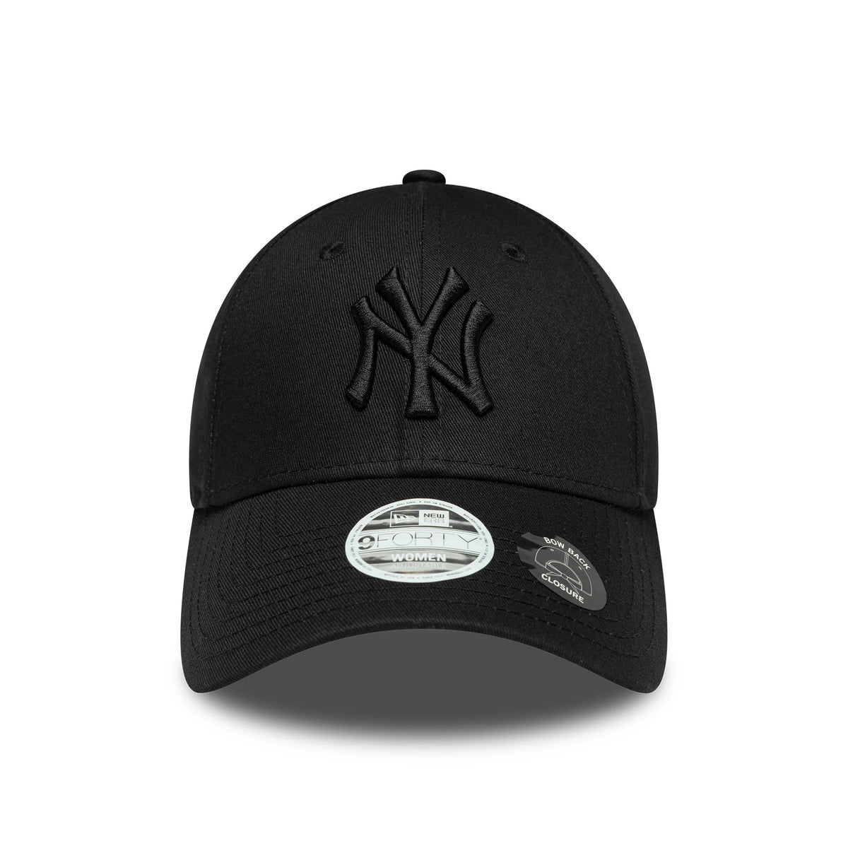 New York Yankees Womens MLB Bowback Black New Era 9FORTY Cap, front view showing the raised embroidered NY logo on the structured black crown and a 9FORTY size sticker on the slightly curved black visor.