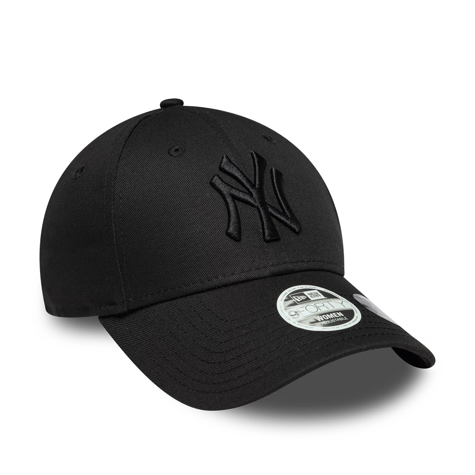 New York Yankees Womens MLB Bowback Black New Era 9FORTY Cap, three-quarter view showing the black raised embroidered NY logo on the front panel, a curved black visor, and the 9FORTY size sticker.