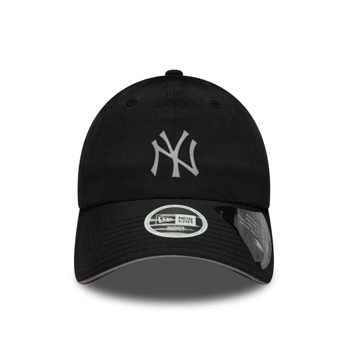 New Era New York Yankees Womens MLB Pony Tail Black Open Back Cap, front view showing the grey embroidered NY logo on the front panel and the New Era Women size sticker on the curved black visor.