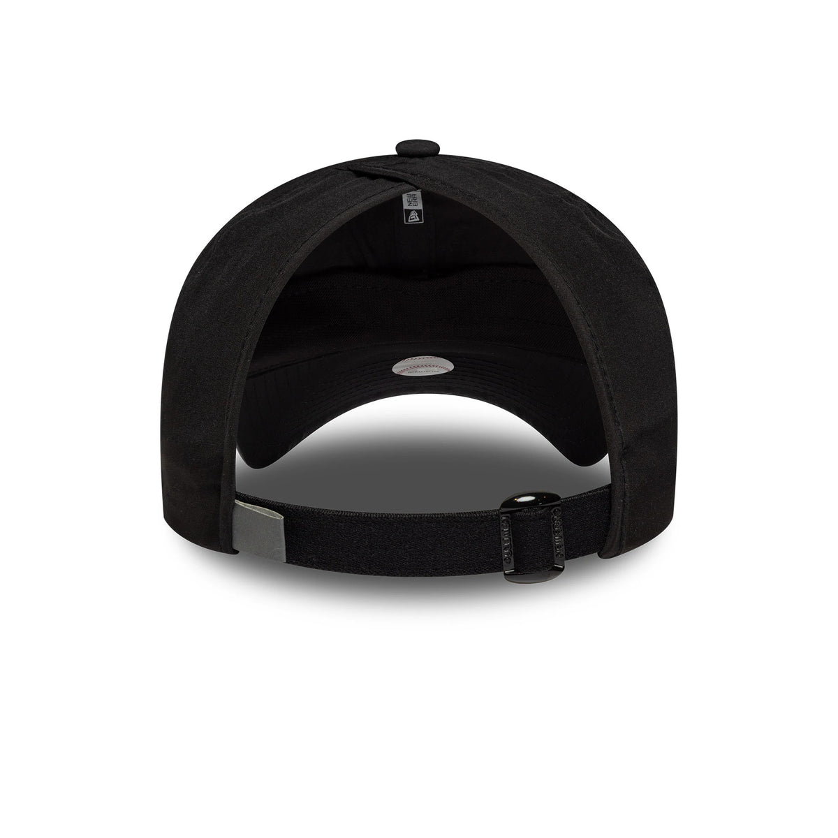 New Era New York Yankees Womens MLB Pony Tail Black Open Back Cap, rear view showing the open-back design with a black strap and buckle, featuring a tag on the inner panel beneath the structured black crown.