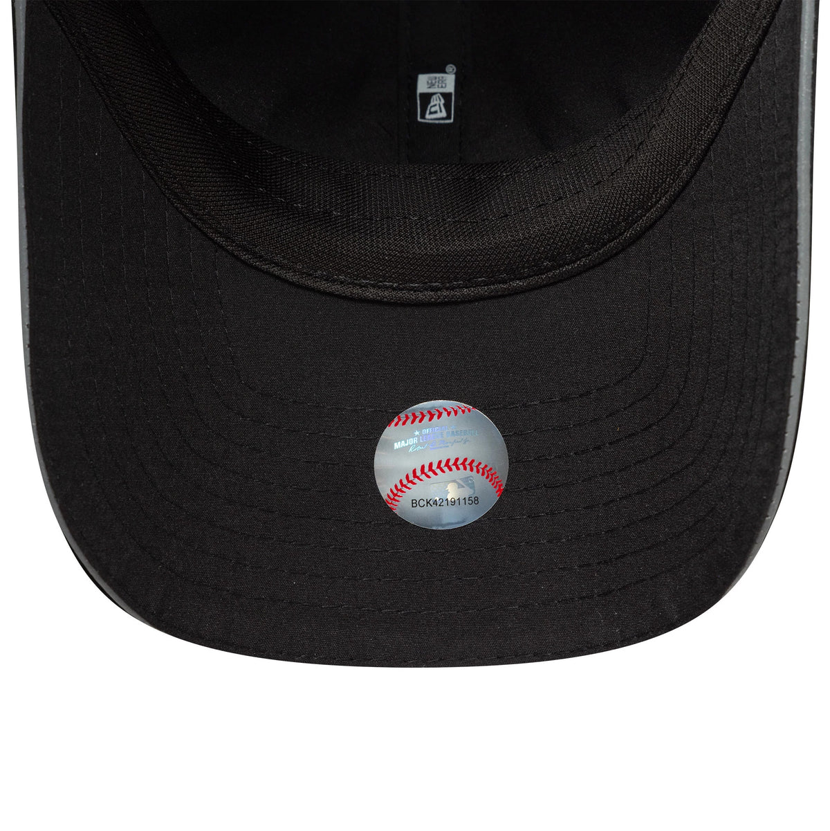 New Era New York Yankees Womens MLB Pony Tail Black Open Back Cap, inside view showing the black sweatband, a silver MLB logo sticker depicting a baseball on the black undervisor, and a black New Era tag on the inner crown.