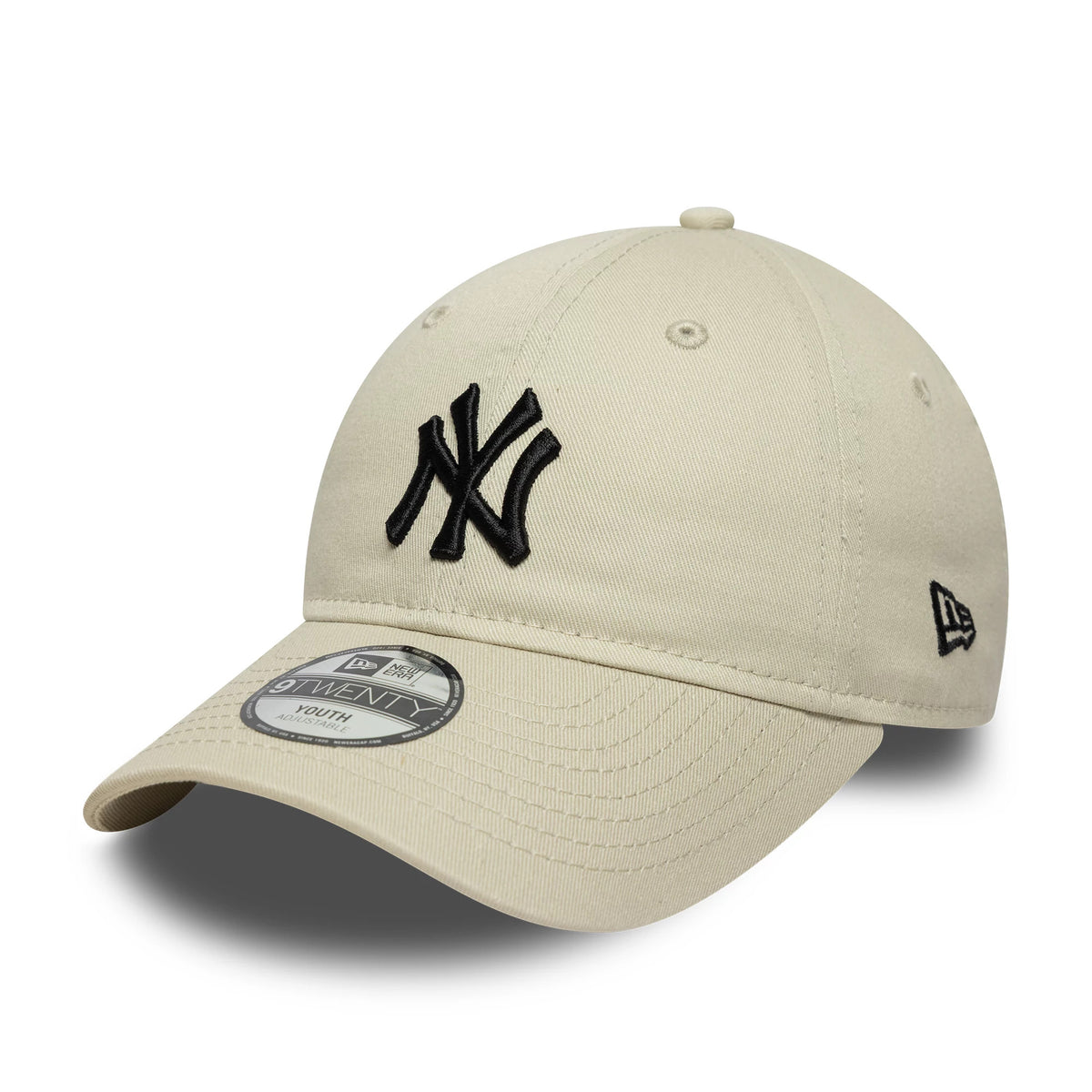 New York Yankees Youth MLB Light Beige New Era 9TWENTY Cap, front view showing the black raised embroidered NY logo on the structured front panel, light beige curved visor with a 9TWENTY Youth size sticker.