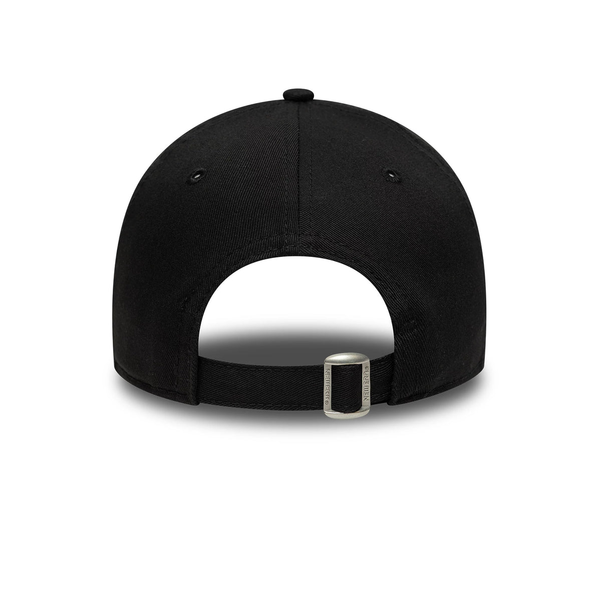 LA Dodgers Youth MLB League Essential Black New Era 9TWENTY Cap, rear view showing the adjustable strap with a buckle and the cap's curved shape, plus a top button and eyelets on the structured black crown.