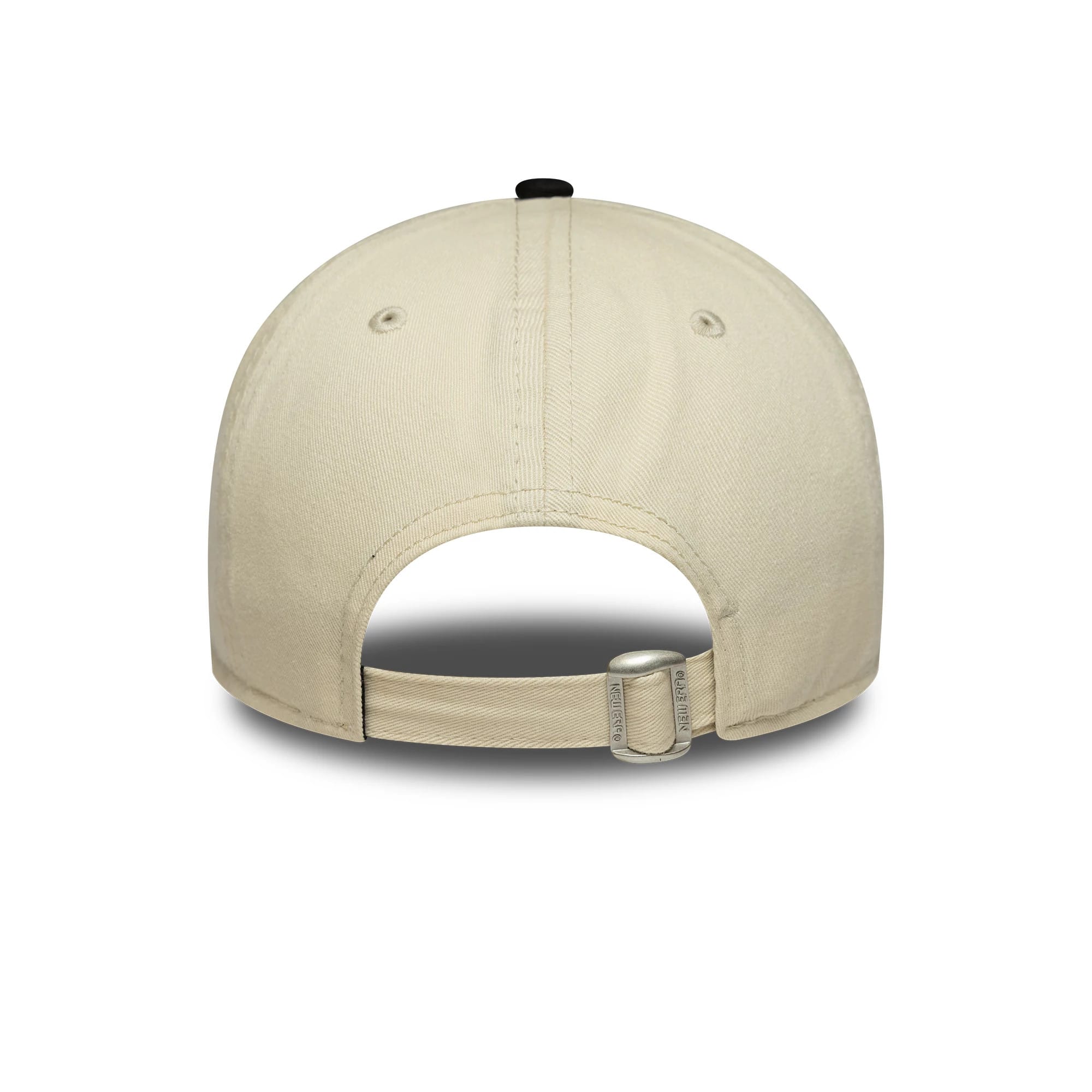 Womens New Era Black 9TWENTY A-Frame Cap, rear view showing the adjustable fabric strap with a buckle, black top button, and beige rear panels with embroidered eyelets on the unstructured crown.