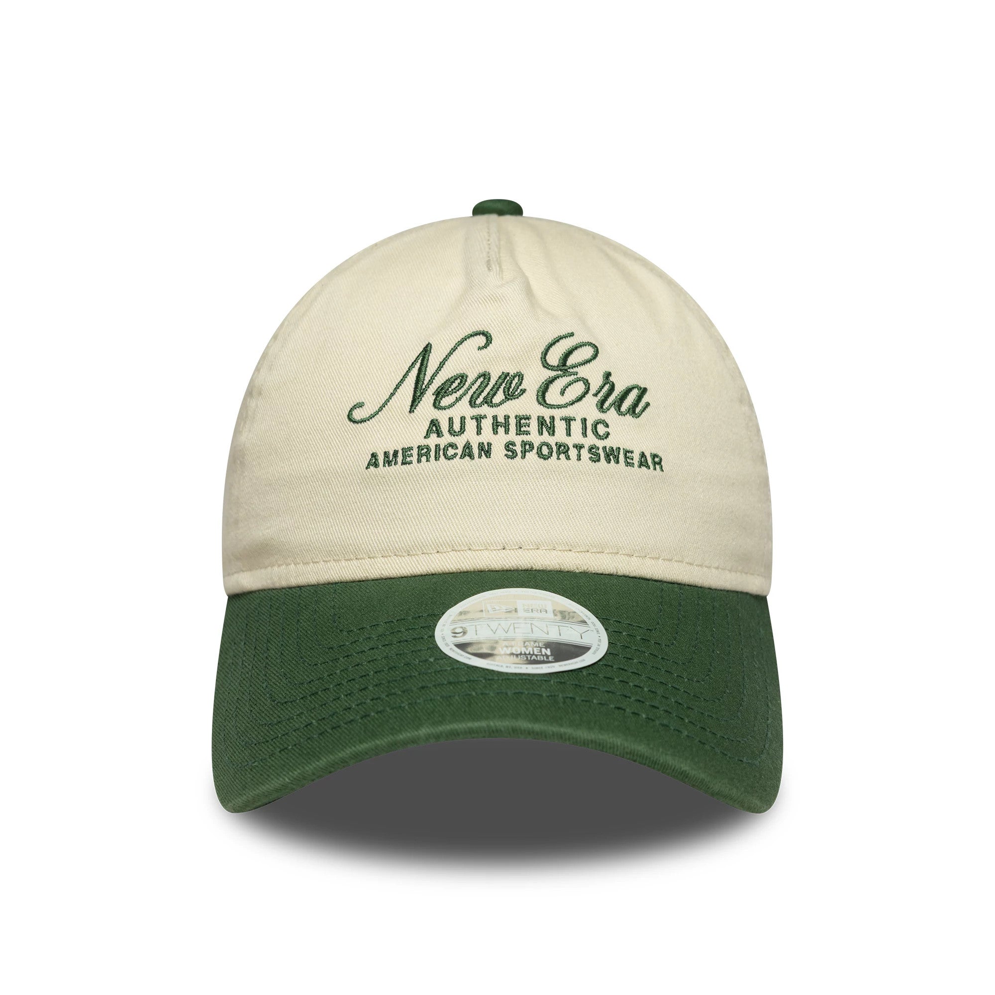 Womens New Era Cream 9TWENTY A-Frame Cap, front view showing green embroidered New Era Authentic American Sportswear text on the cream front panel, with a green curved visor and a 9TWENTY size sticker.