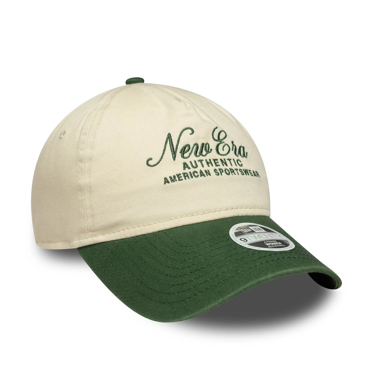 Womens New Era Cream 9TWENTY A-Frame Cap, front view showing green embroidered script on the cream front panel, a contrasting green curved visor, and a 9TWENTY size sticker on the visor.