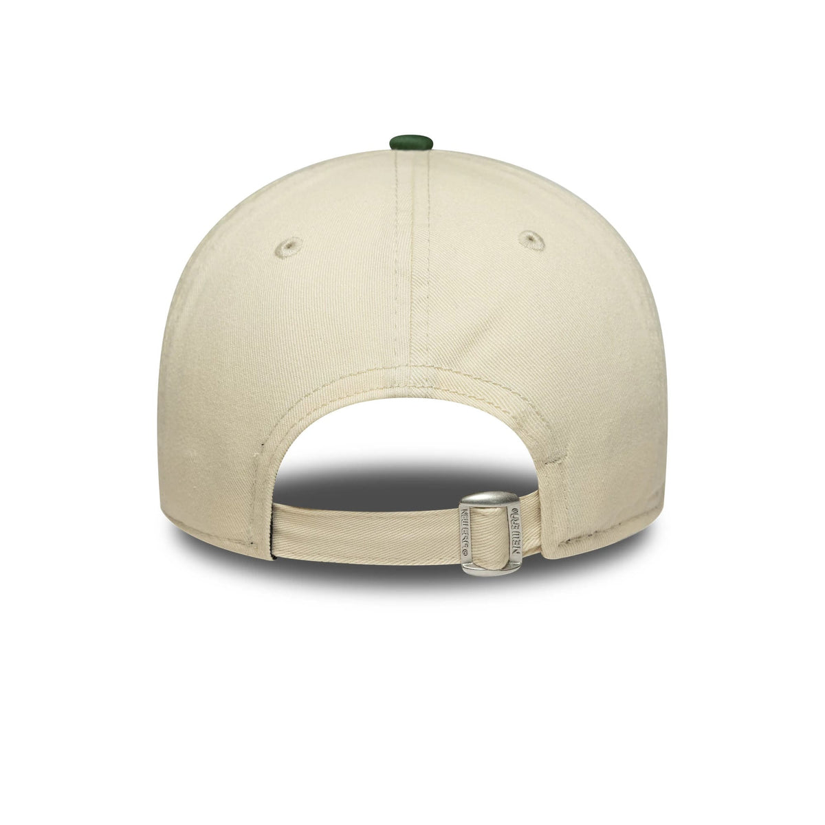 Womens New Era Cream 9TWENTY A-Frame Cap, rear view showing an unstructured cream crown with a buckle closure and green top button, showcasing stitching on the back panels and fabric strap.