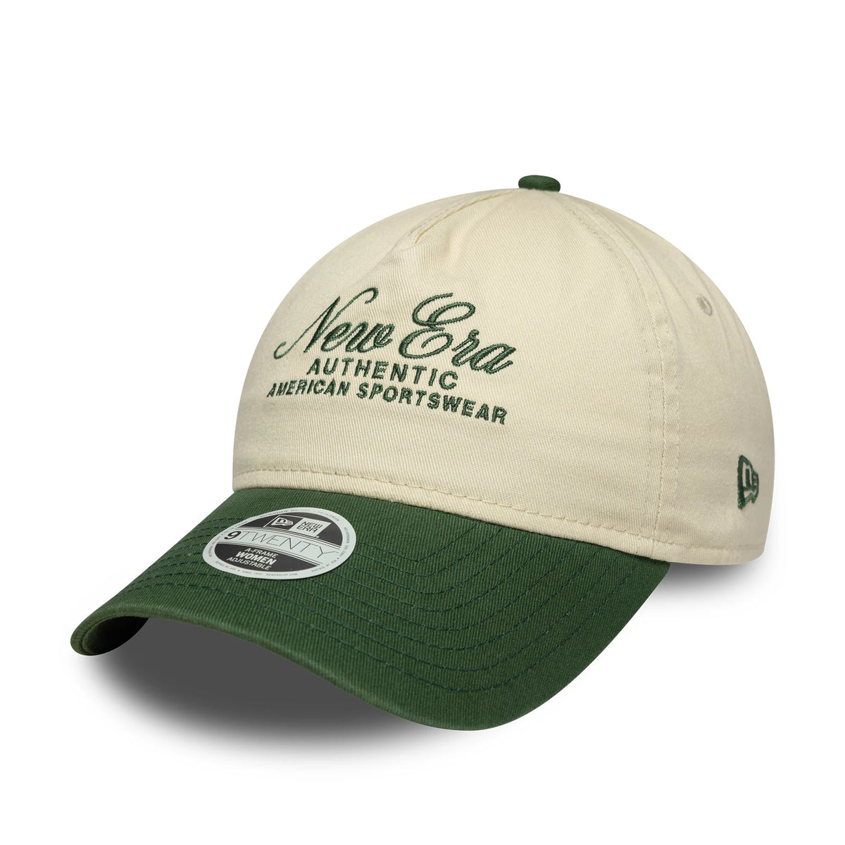 Womens New Era Cream 9TWENTY A-Frame Cap, three-quarter view showing green embroidered New Era script logo on cream front panel, green curved visor with 9TWENTY size sticker, and New Era flag logo on the left side.