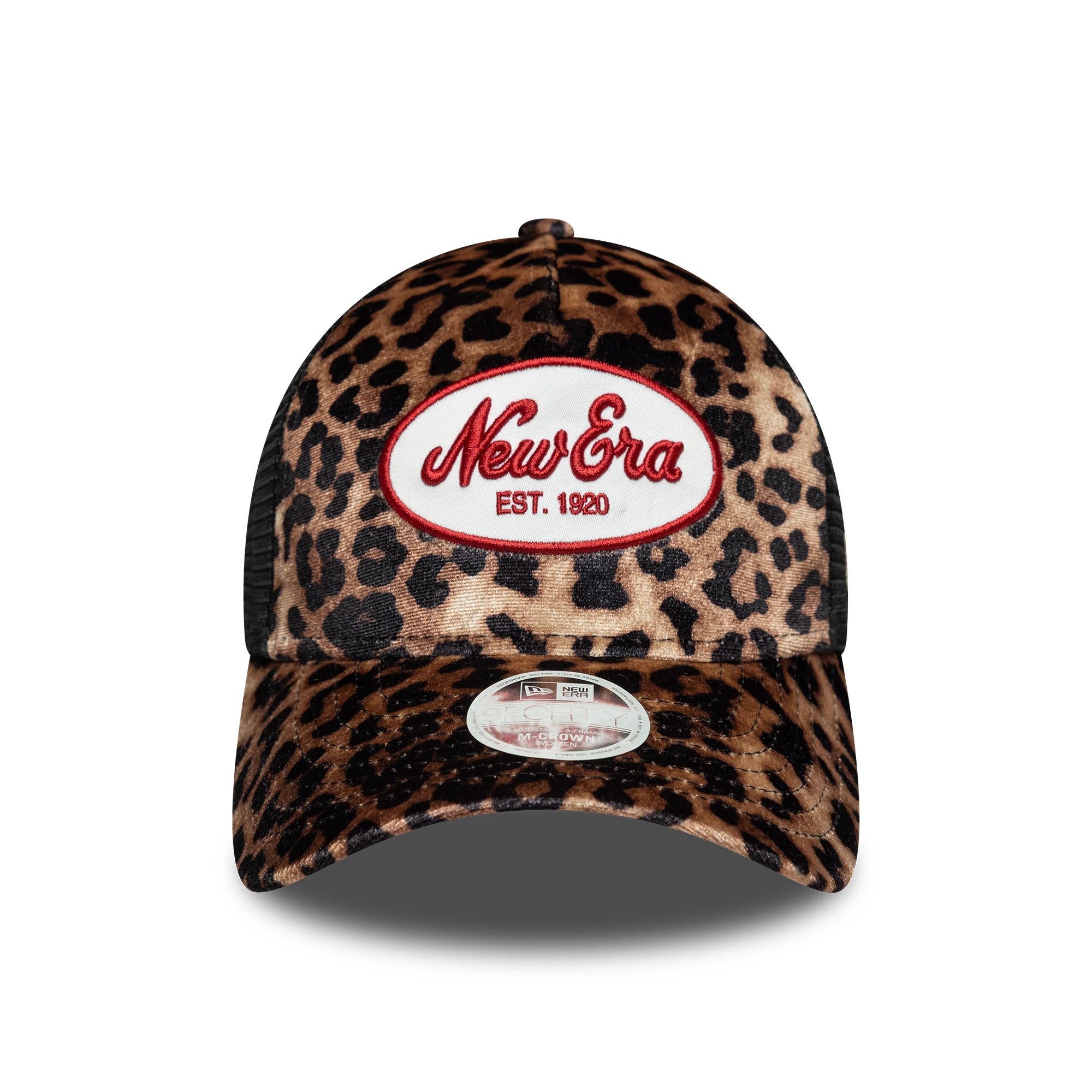 Womens New Era Leopard Light Beige 9FORTY M-Crown A-Frame Trucker Cap, front view showing red embroidered New Era logo with EST. 1920 on a white patch, leopard print crown and curved visor with 9FORTY size sticker.