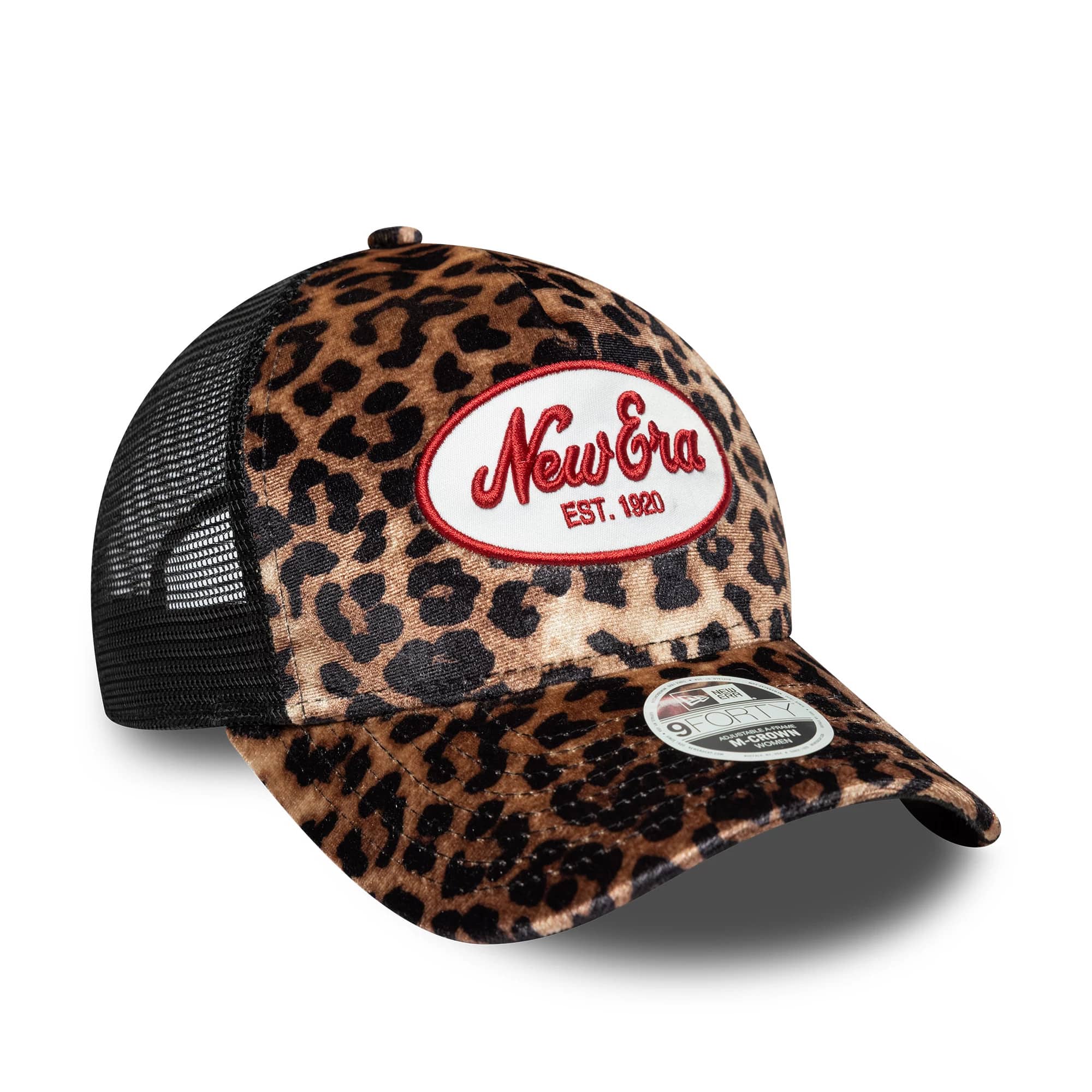 Womens New Era Leopard Light Beige 9FORTY M-Crown A-Frame Trucker Cap, three-quarter view showing the red embroidered New Era Est. 1920 patch on the leopard-print front panel, black mesh back and curved visor with 9FORTY size sticker.