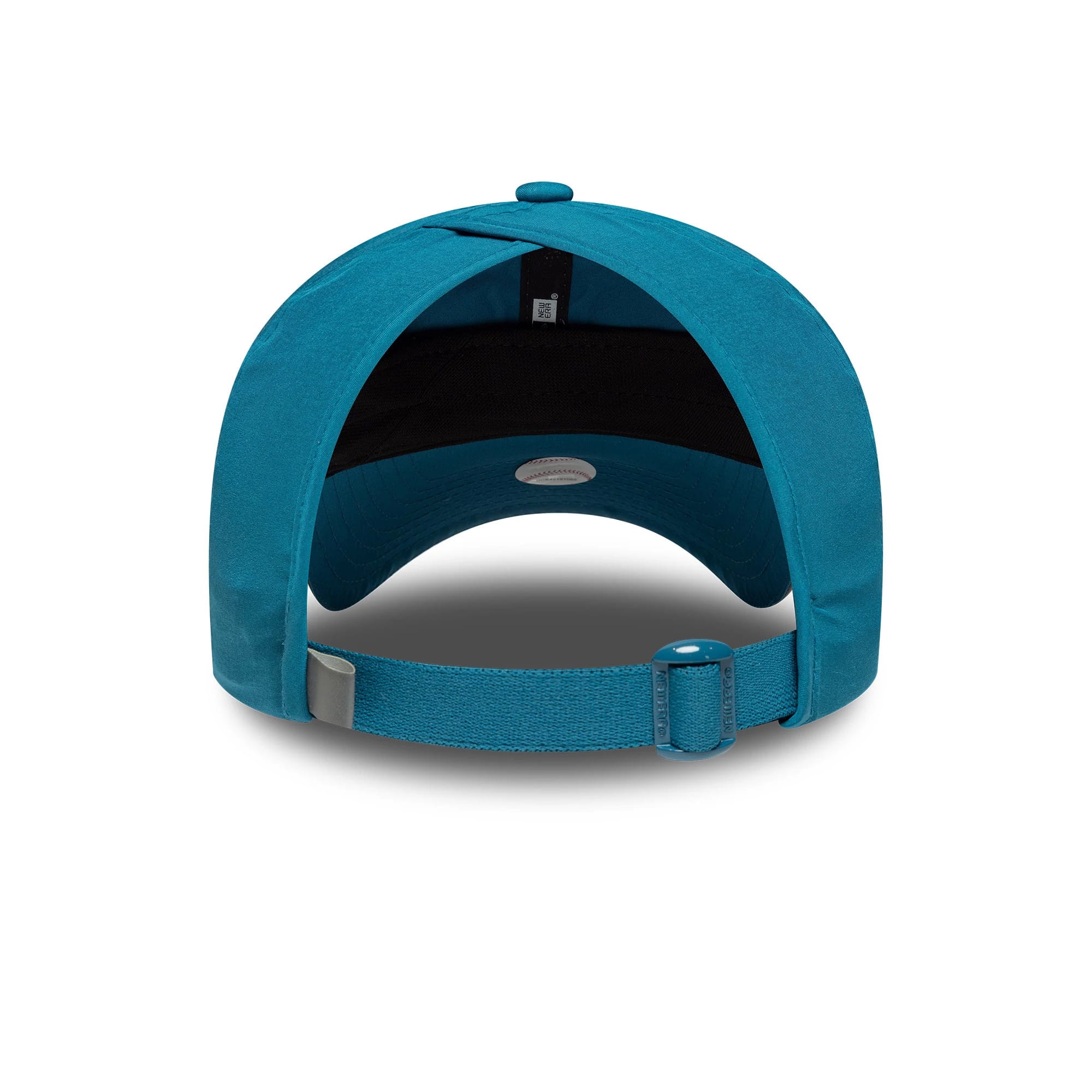 New Era New York Yankees Womens MLB Pony Tail Dark Green Open Back Cap, rear view featuring an adjustable strap with an open-back design for ponytail accommodation, along with a structured dark green crown and a black internal sweatband.