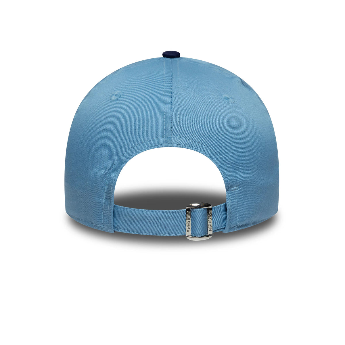 Youth DC Superman Pastel Blue New Era 9FORTY Cap, rear view featuring an open back with adjustable strap fastener, a matching pastel blue top button, and embroidered eyelets on each panel of the structured crown.