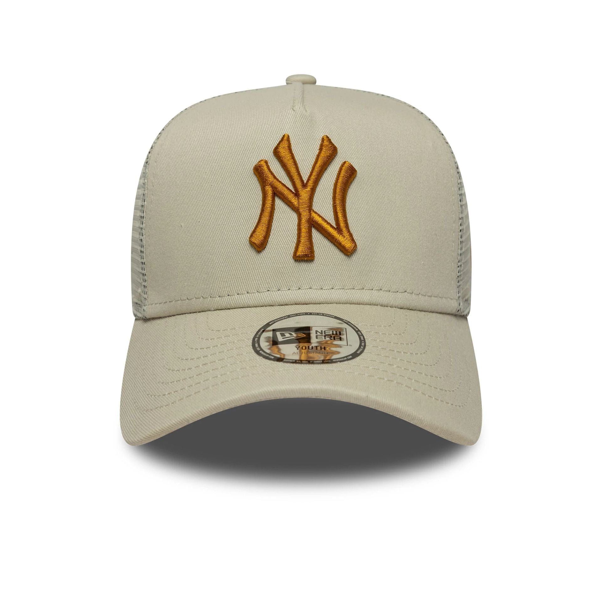 Pictured is this Youth MLB League Essential New York Yankees 9FORTY A-Frame Trucker in light beige. 2