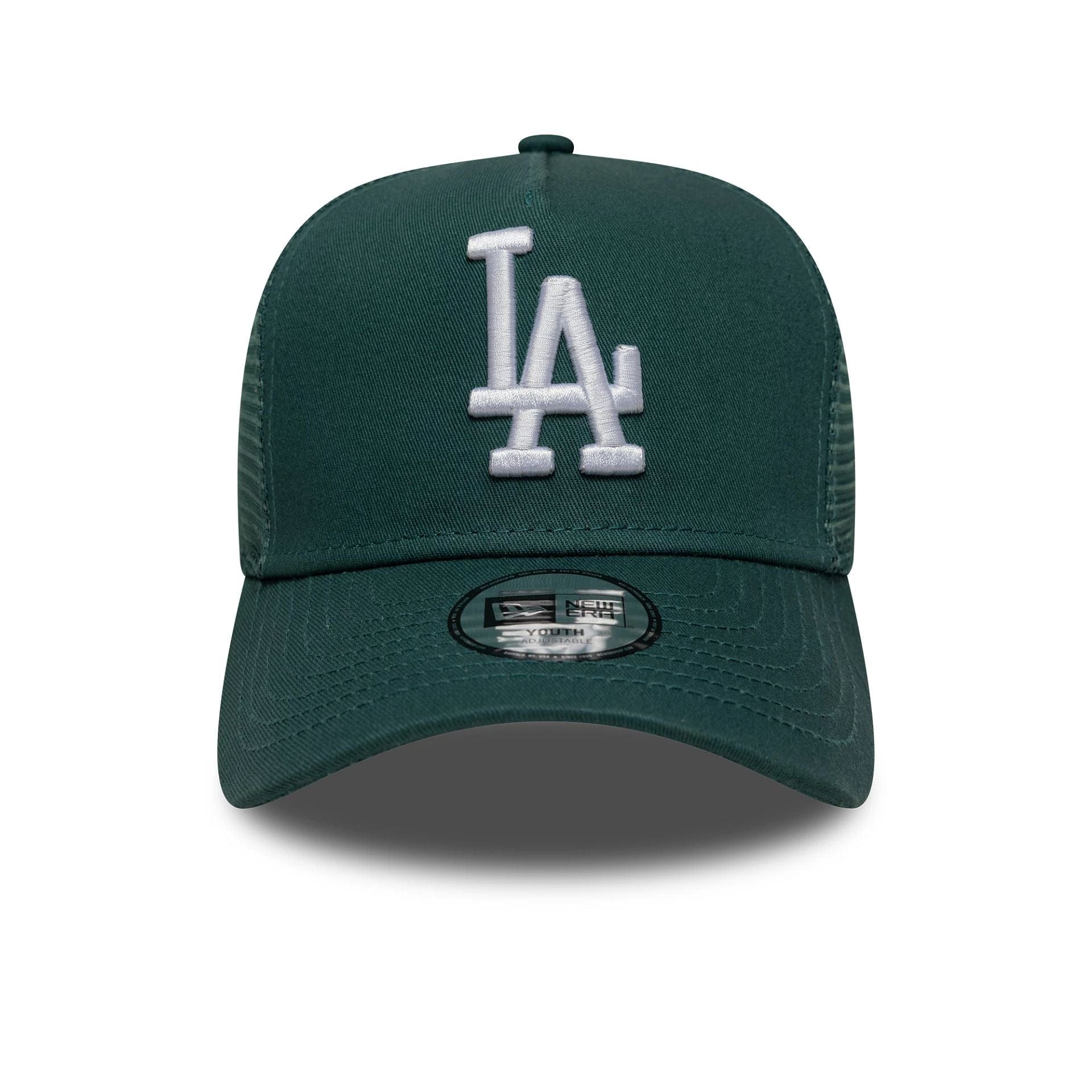 Pictured is this Youth MLB League Essential LA Dodgers 9FORTY A-Frame Trucker in dark green. 2