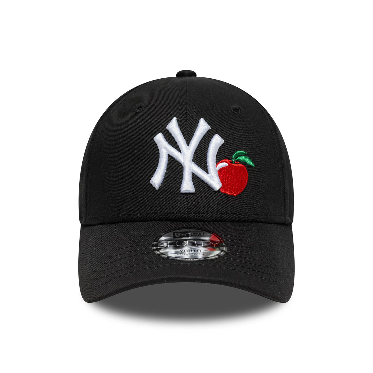 New York Yankees Youth MLB Fruit Icon Black New Era 9FORTY Cap, front view showing the raised white NY logo with a red embroidered apple on the black structured crown and a 9FORTY size sticker on the curved black visor.
