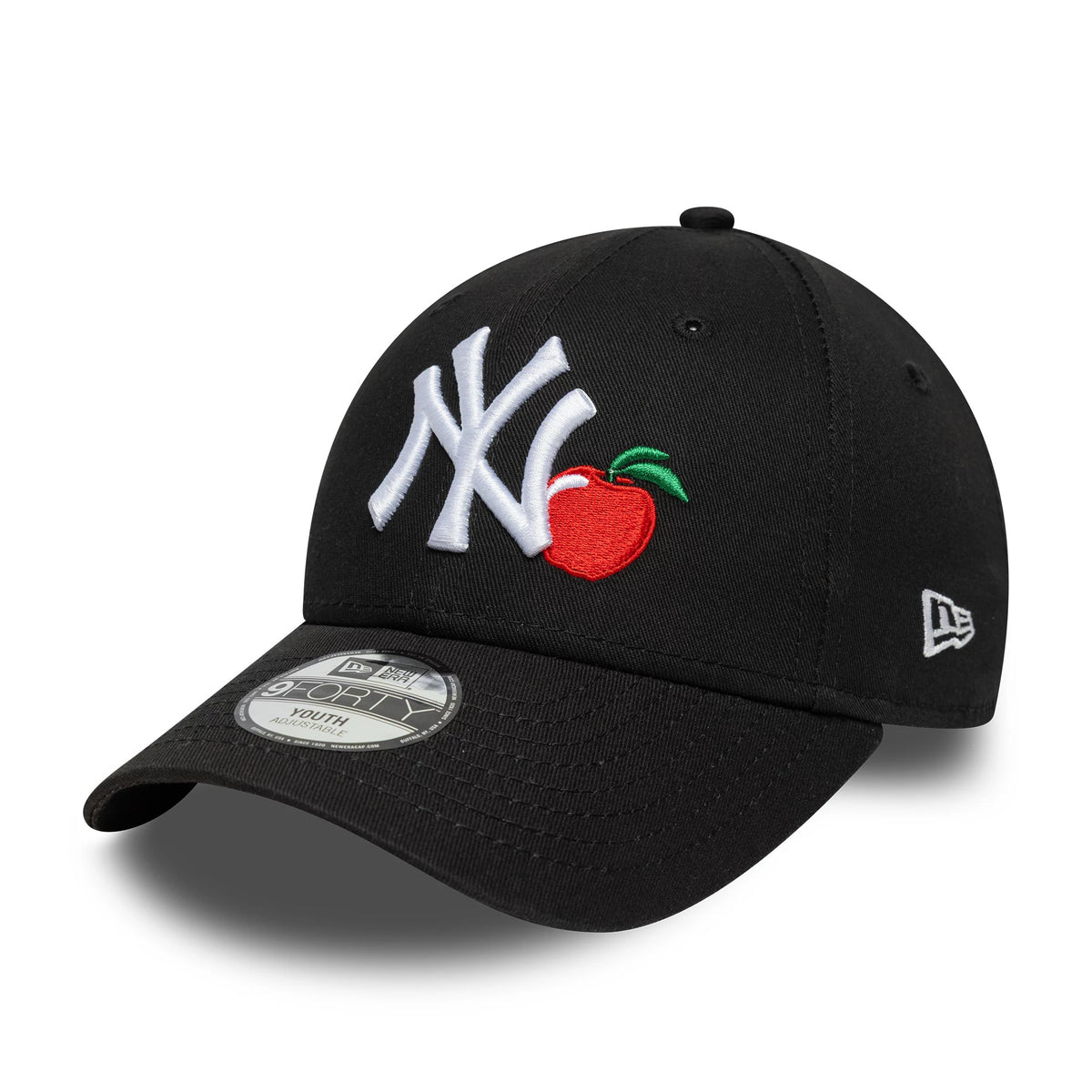 New York Yankees Youth MLB Fruit Icon Black New Era 9FORTY Cap, three-quarter view showing a raised white NY logo and embroidered red apple on the front panel, with a black curved visor and 9FORTY size sticker.