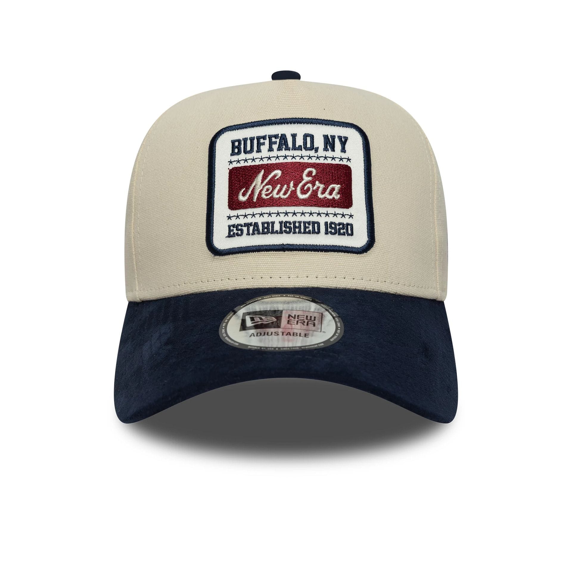 Pictured is this New Era Patch Suede 9FORTY E-Frame in Cream. 2
