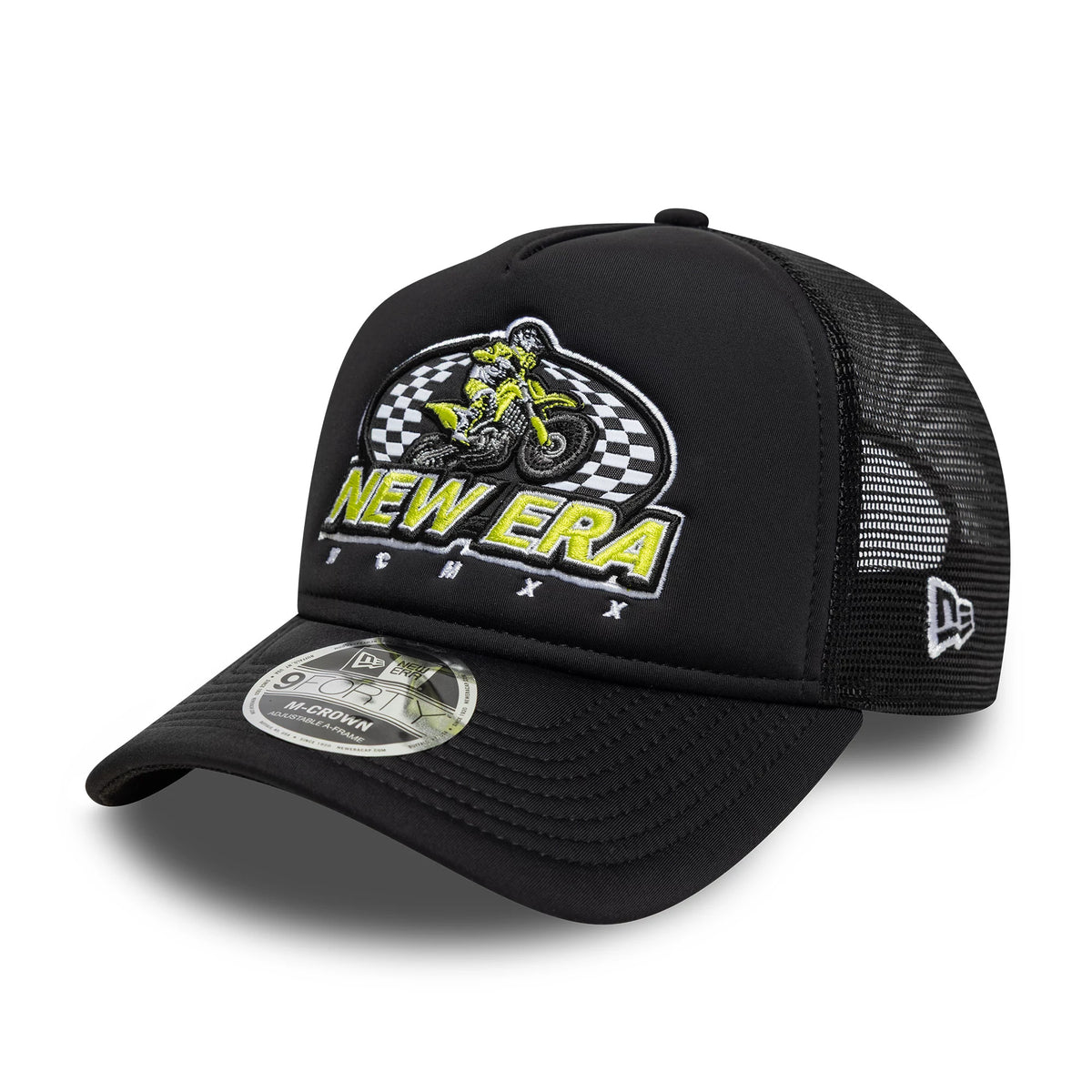 New Era Graphic Black New Era 9FORTY M-Crown A-Frame Trucker Cap, front view showing a yellow motocross rider with a chequered backdrop and yellow New Era lettering on the black structured crown, with a 9FORTY size sticker on the curved visor.