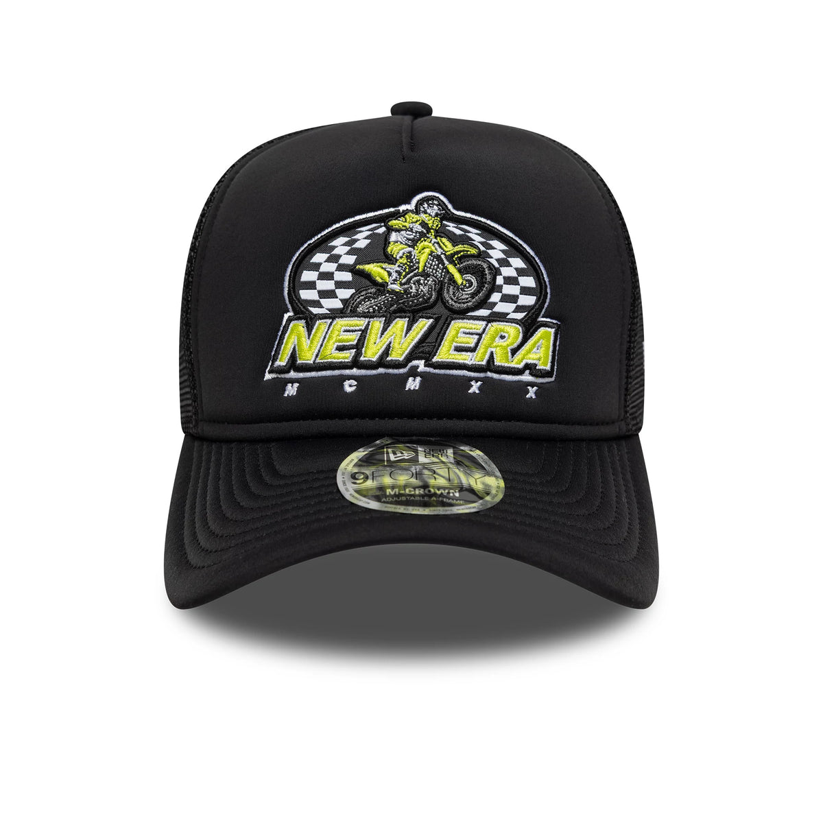 New Era Graphic Black 9FORTY M-Crown A-Frame Trucker Cap, front view showing a yellow motorbike with black and white chequered background and New Era text, with a 9FORTY size sticker on the black curved visor.
