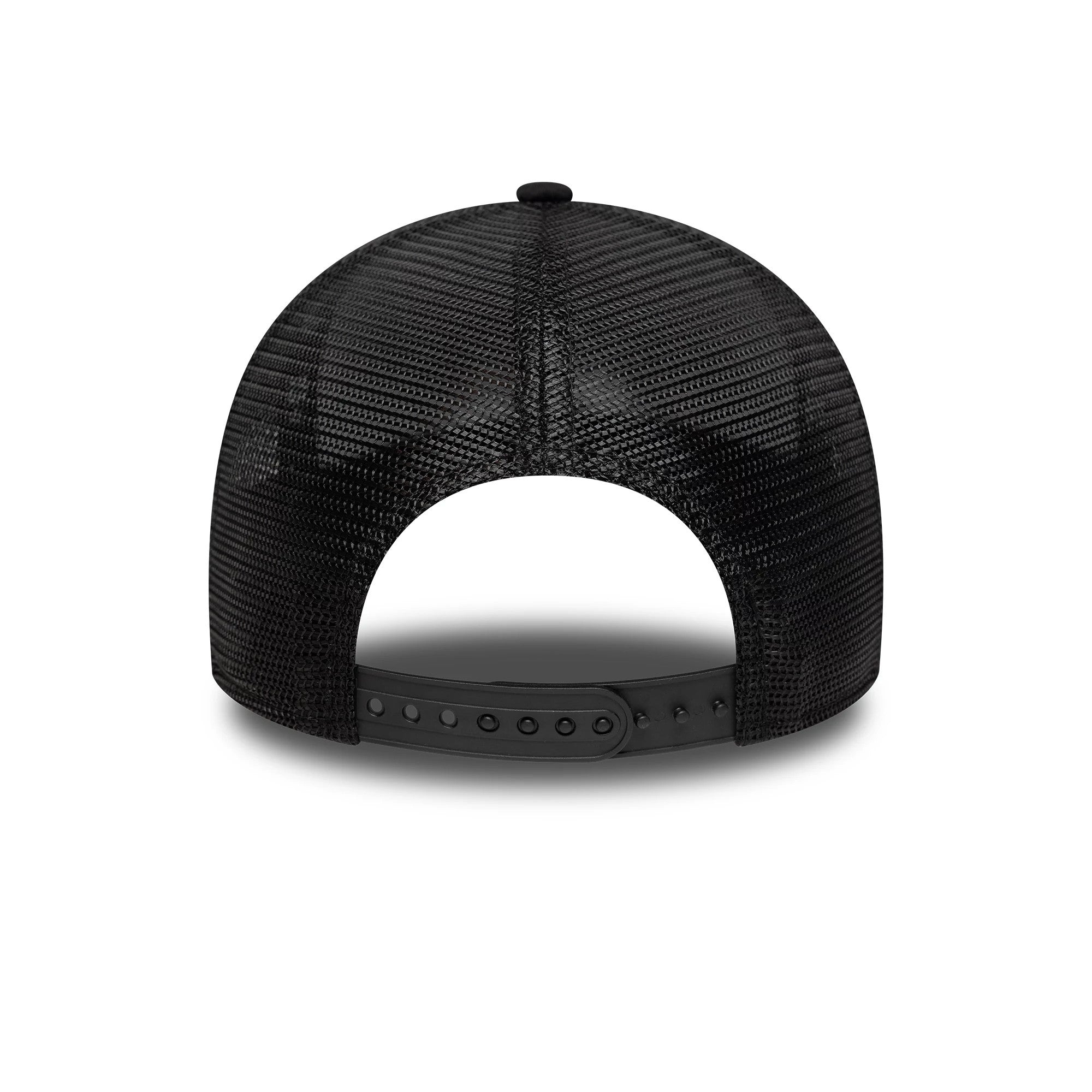New Era Graphic Black 9FORTY M-Crown A-Frame Trucker Cap, rear view showing the black mesh back panels and adjustable snapback closure, with a top button and a slight curve to the visor.
