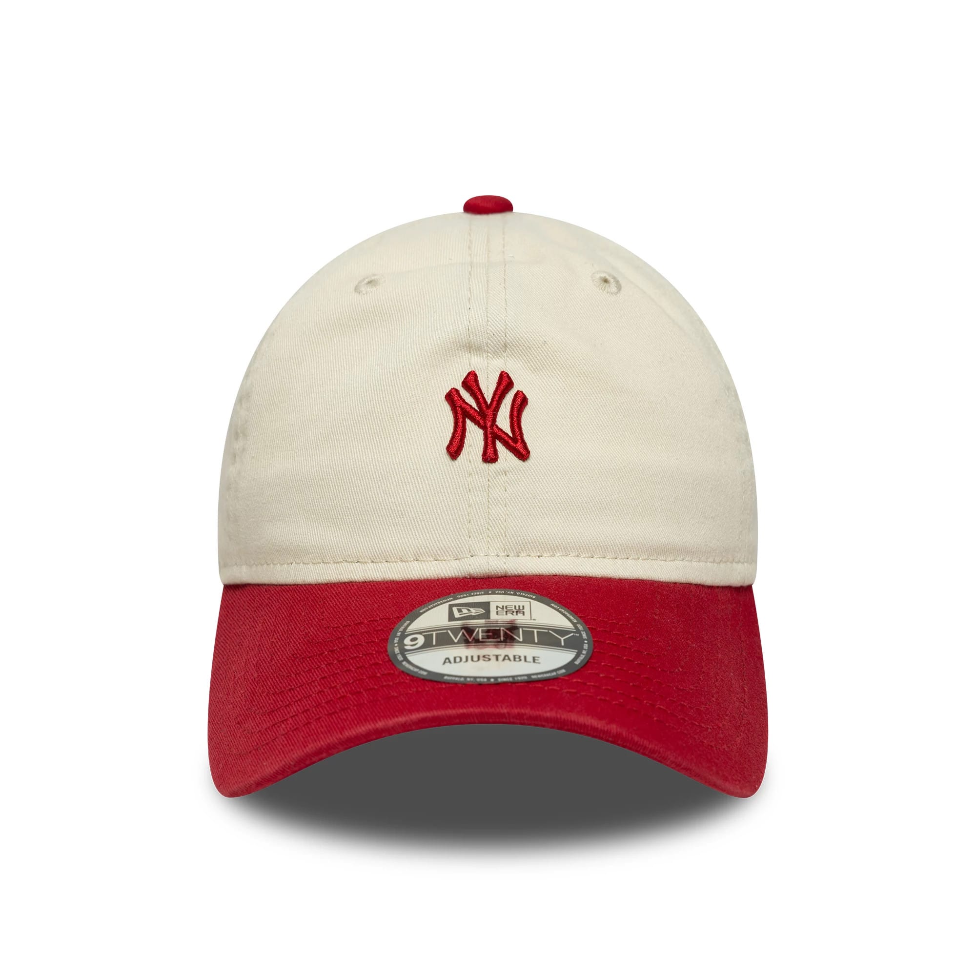 New York Yankees MLB Mini Logo Red New Era 9TWENTY Cap, front view showing the red embroidered NY logo on a cream crown, red curved visor with a 9TWENTY size sticker, and matching red top button.