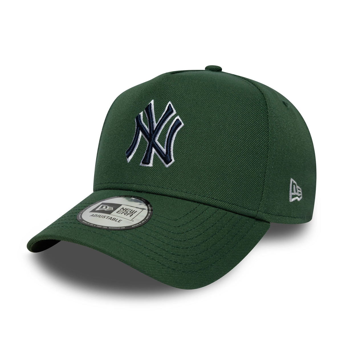 New York Yankees MLB Outline Script Dark Green New Era 9FORTY E-Frame Cap, front view showing the raised white and navy NY logo on the structured dark green crown with the New Era flag logo on the left side.