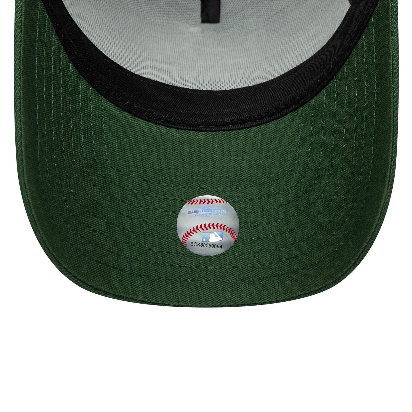New York Yankees MLB Outline Script Dark Green New Era 9FORTY E-Frame Cap, inside view showing a grey undervisor with a detachable sticker featuring a baseball design, black sweatband and grey internal taping.