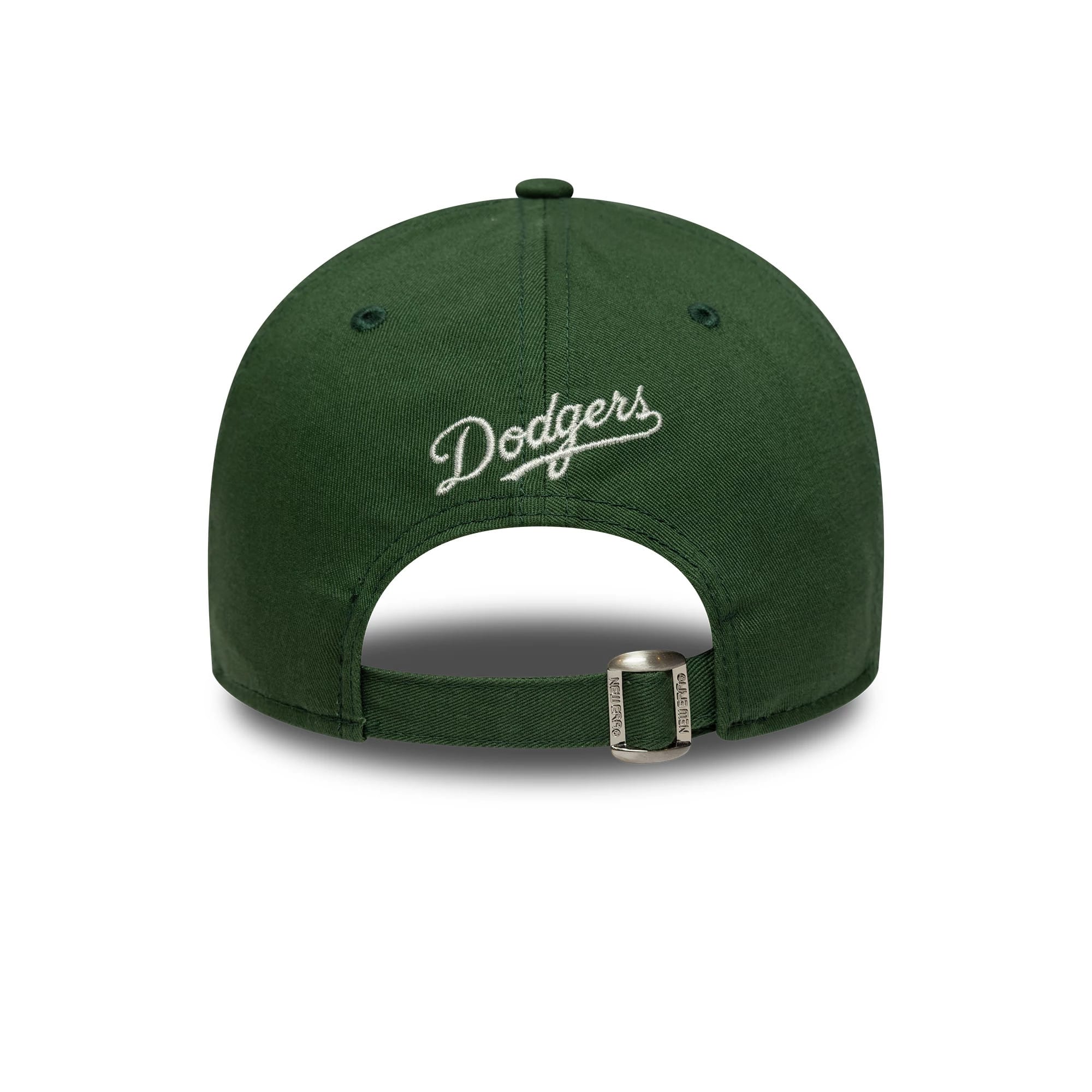 LA Dodgers MLB Fruit Icon Dark Green New Era 9FORTY Cap, rear view showing the white embroidered Dodgers script logo on the centre of the dark green back panel and an adjustable strap with a buckle.