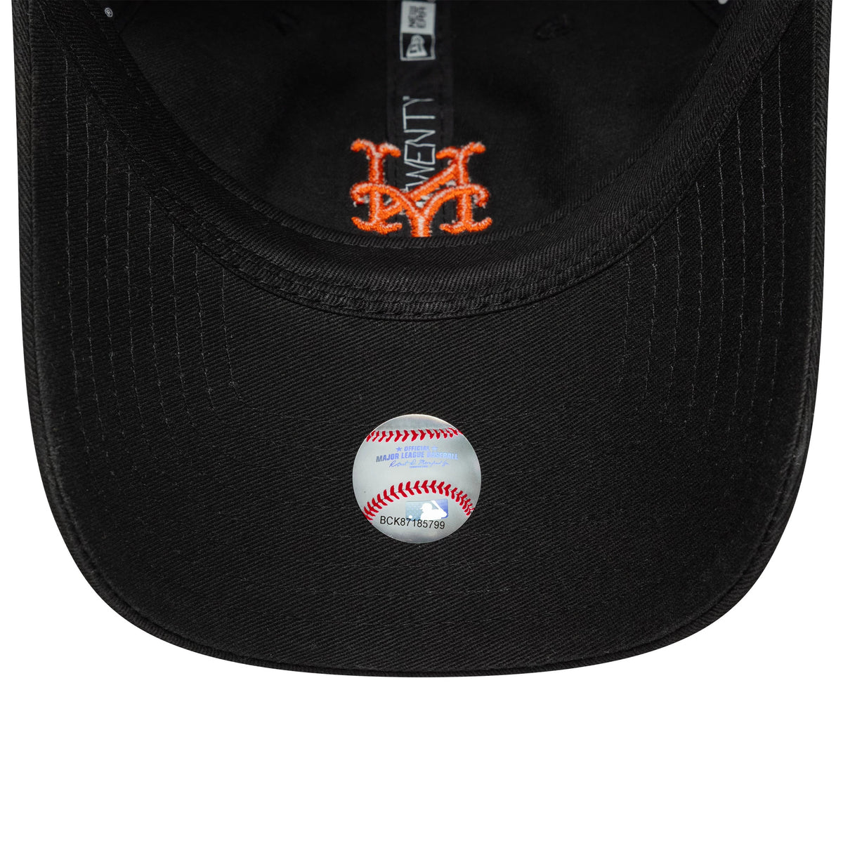 New York Mets MLB Washed Script Black New Era 9TWENTY Cap, inside view showing black taping with New Era branding and an orange Mets logo embroidered on the black sweatband, featuring a baseball-patterned sticker on the black undervisor.