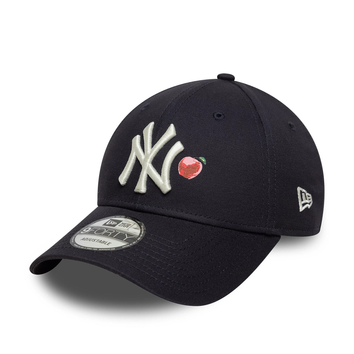 New York Yankees MLB Fruit Icon Navy New Era 9FORTY Cap, three-quarter view showing raised white embroidered NY logo with a red apple icon on the front panel, slightly curved navy visor, and 9FORTY size sticker on the visor.