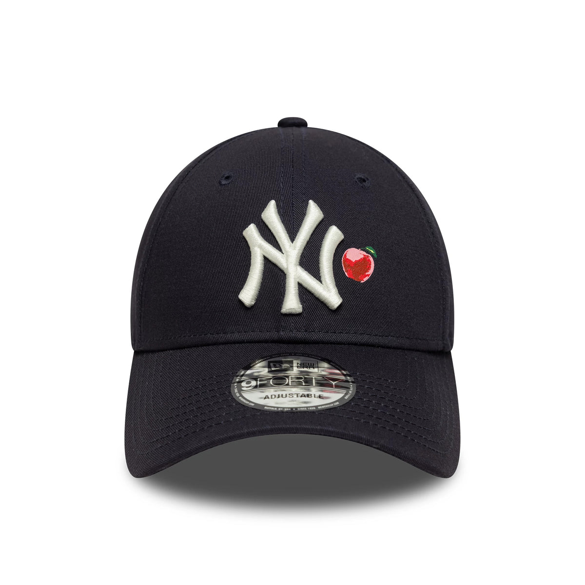 New York Yankees MLB Fruit Icon Navy New Era 9FORTY Cap, front view showing raised white NY logo and red apple icon embroidery on the navy front panel, with a 9FORTY size sticker on the curved visor.