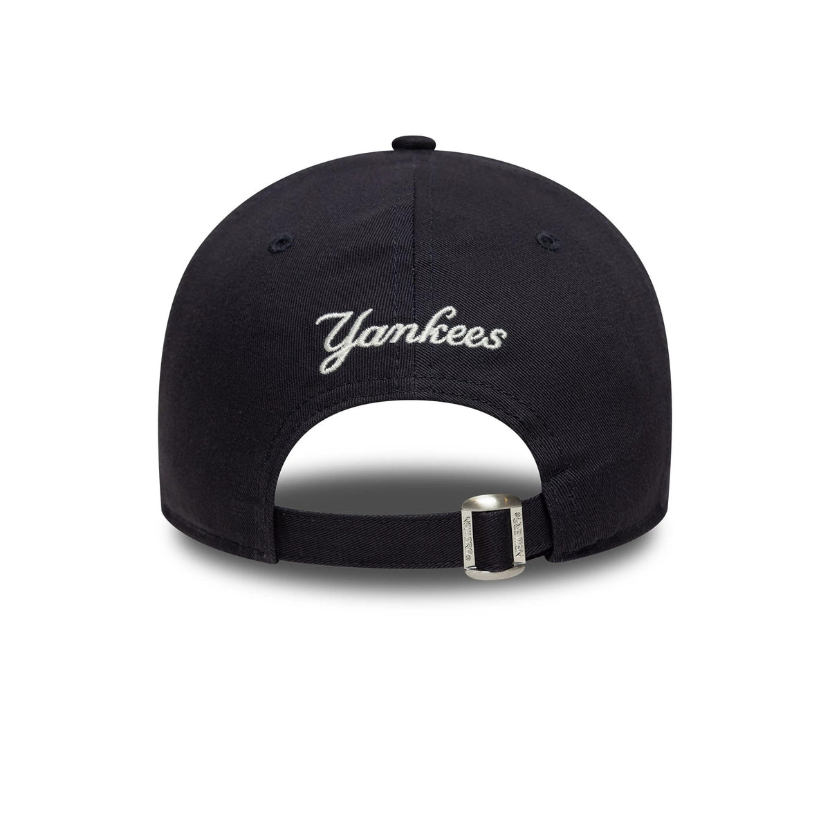 New York Yankees MLB Fruit Icon Navy New Era 9FORTY Cap, rear view showing the white embroidered Yankees script on the navy crown, with an adjustable strap featuring a buckle for custom sizing.