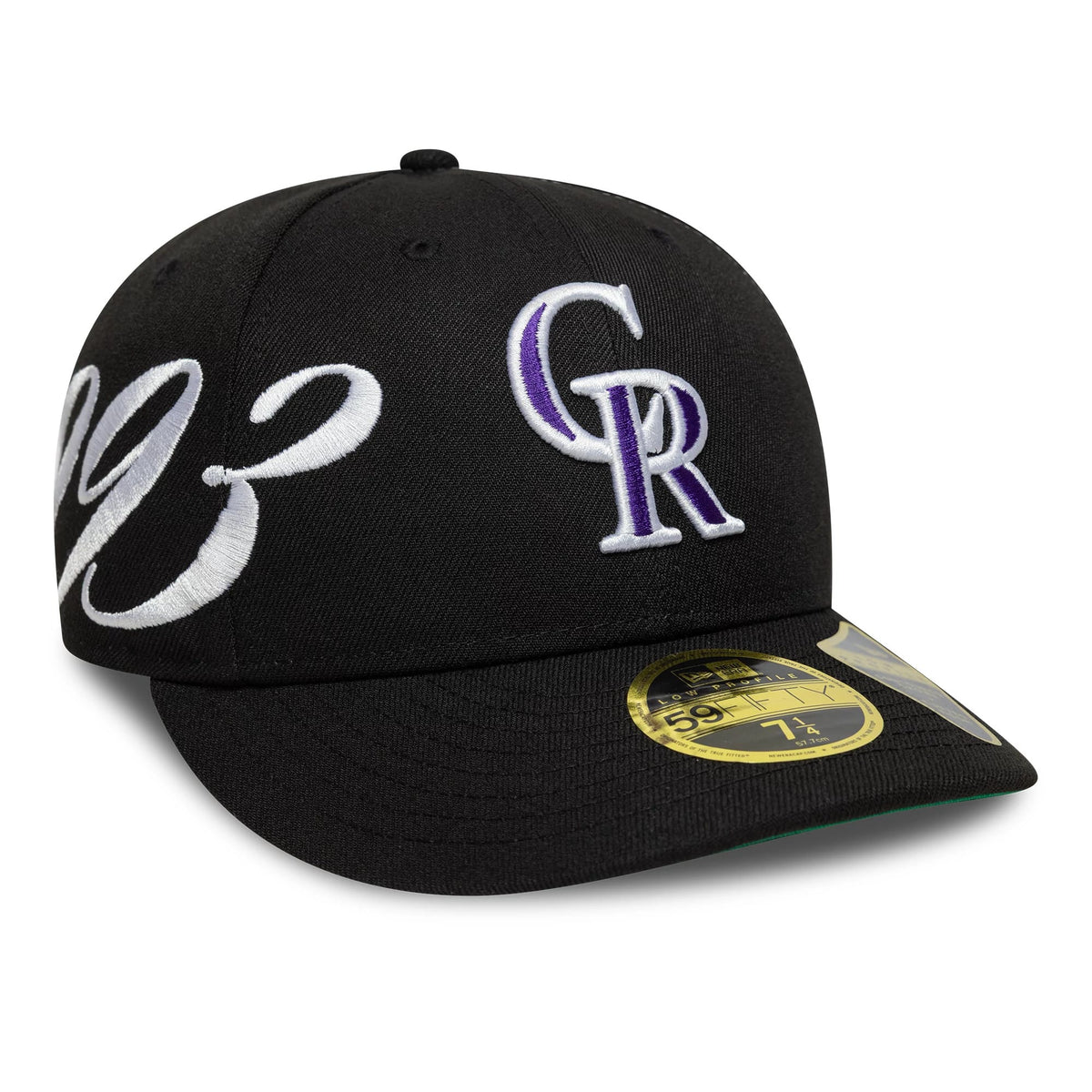 Colorado Rockies MLB Est Script Black New Era Low Profile 59FIFTY Fitted Cap, three-quarter view with raised white and purple CR logo on front panel, large white '93 embroidery on side, and gold 59FIFTY size sticker on flat black visor.