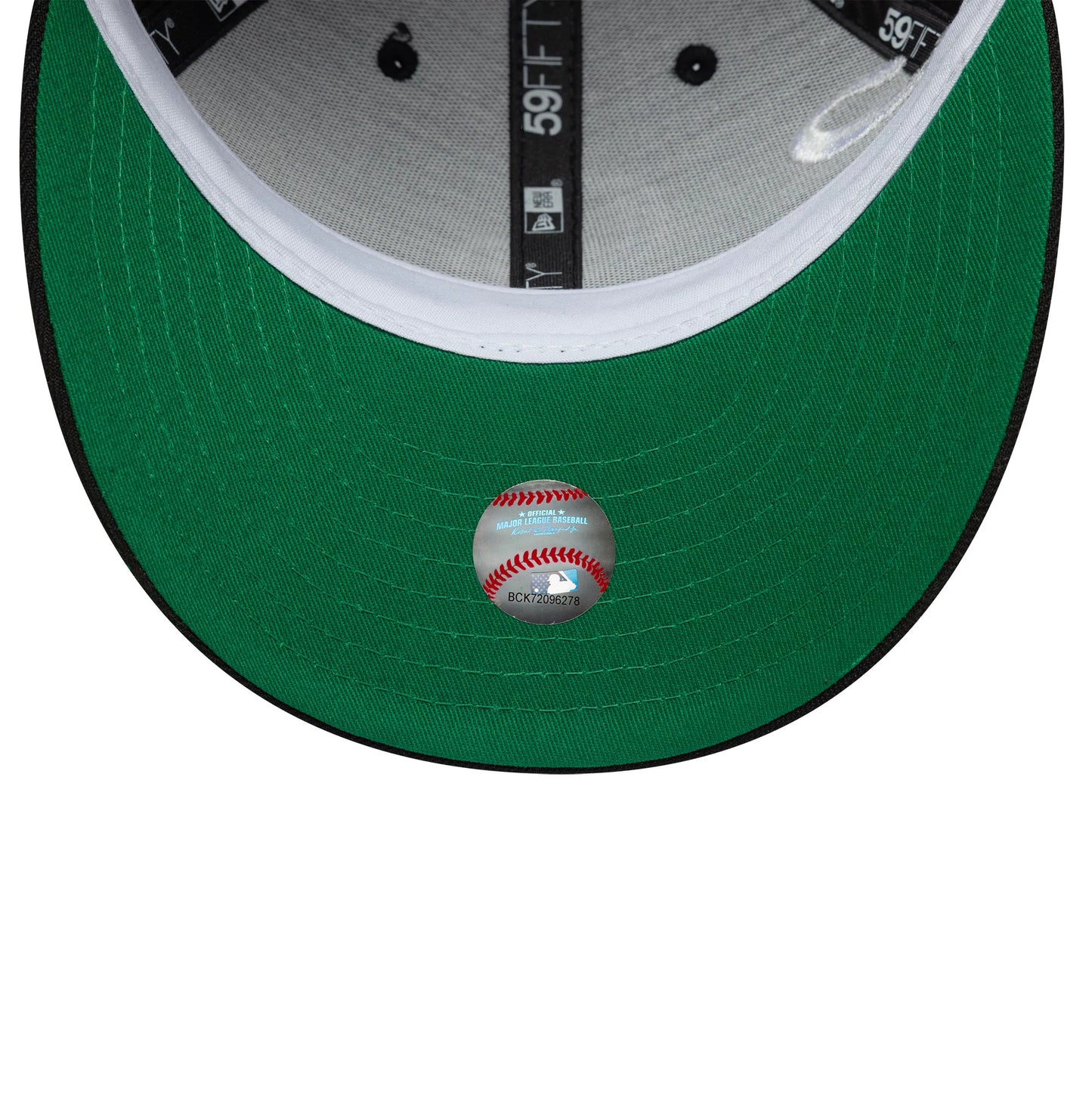 Colorado Rockies MLB Est Script Black Low Profile New Era 59FIFTY Fitted Cap, inside view showing grey 59FIFTY taping, a white sweatband, and a bright green undervisor with a baseball graphic sticker at the centre.