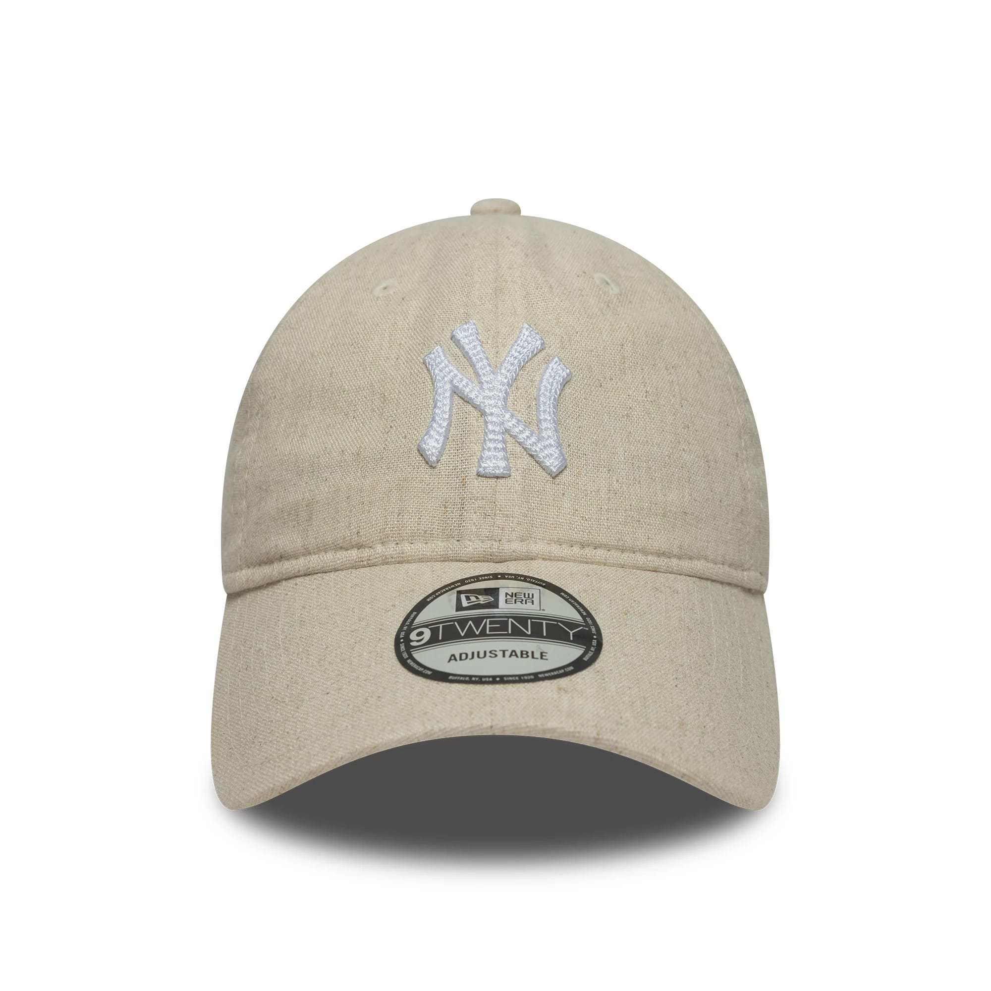 New York Yankees MLB Linen Light Beige New Era 9TWENTY Adjustable Cap, front view showing the white embroidered NY logo on the light beige crown, with a rounded visor and 9TWENTY size sticker.
