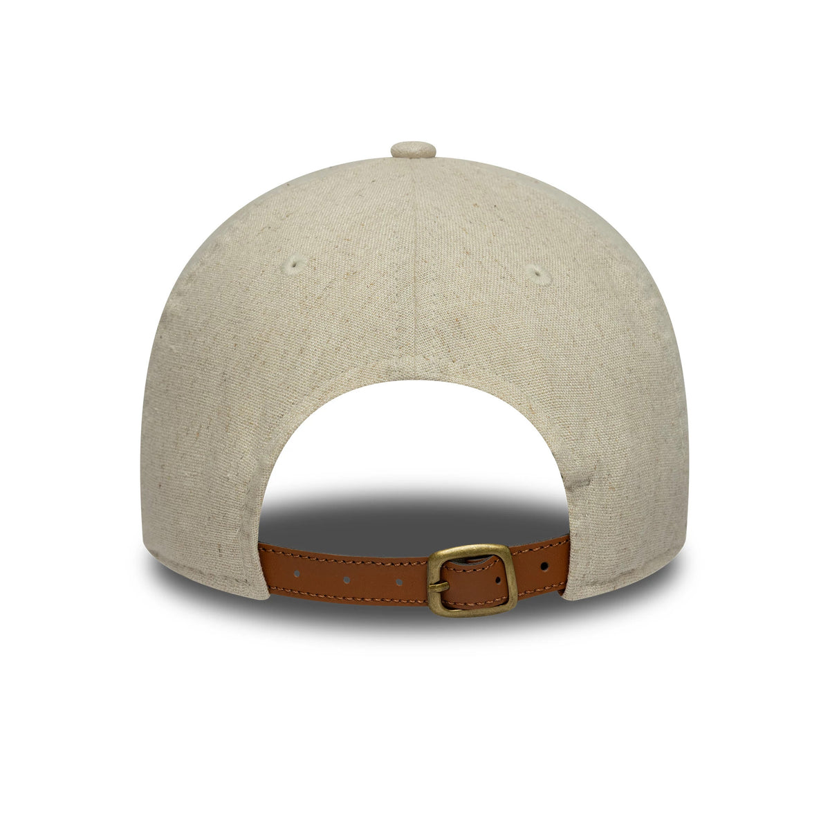 New York Yankees MLB Linen Light Beige New Era 9TWENTY Adjustable Cap, rear view showing the unstructured linen crown, brass buckle on the brown leather strap, and top button matching the light beige fabric.