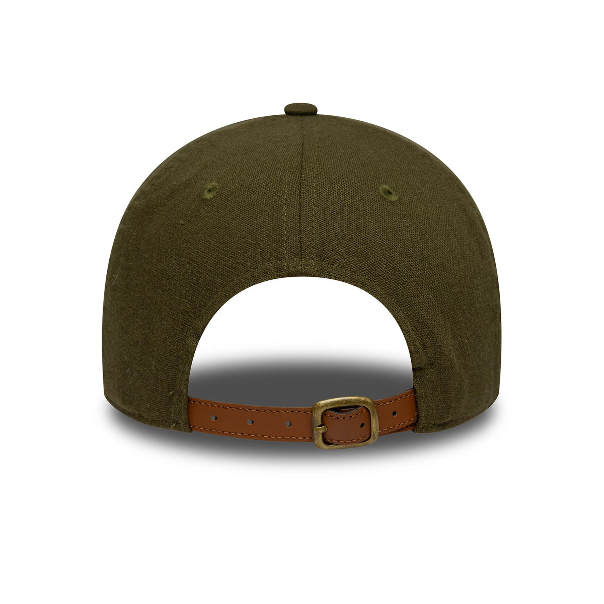 LA Dodgers MLB Linen Green New Era 9TWENTY Adjustable Cap, rear view showing the unstructured linen green crown with green eyelets, and a brown leather strap with brass buckle for size adjustment.