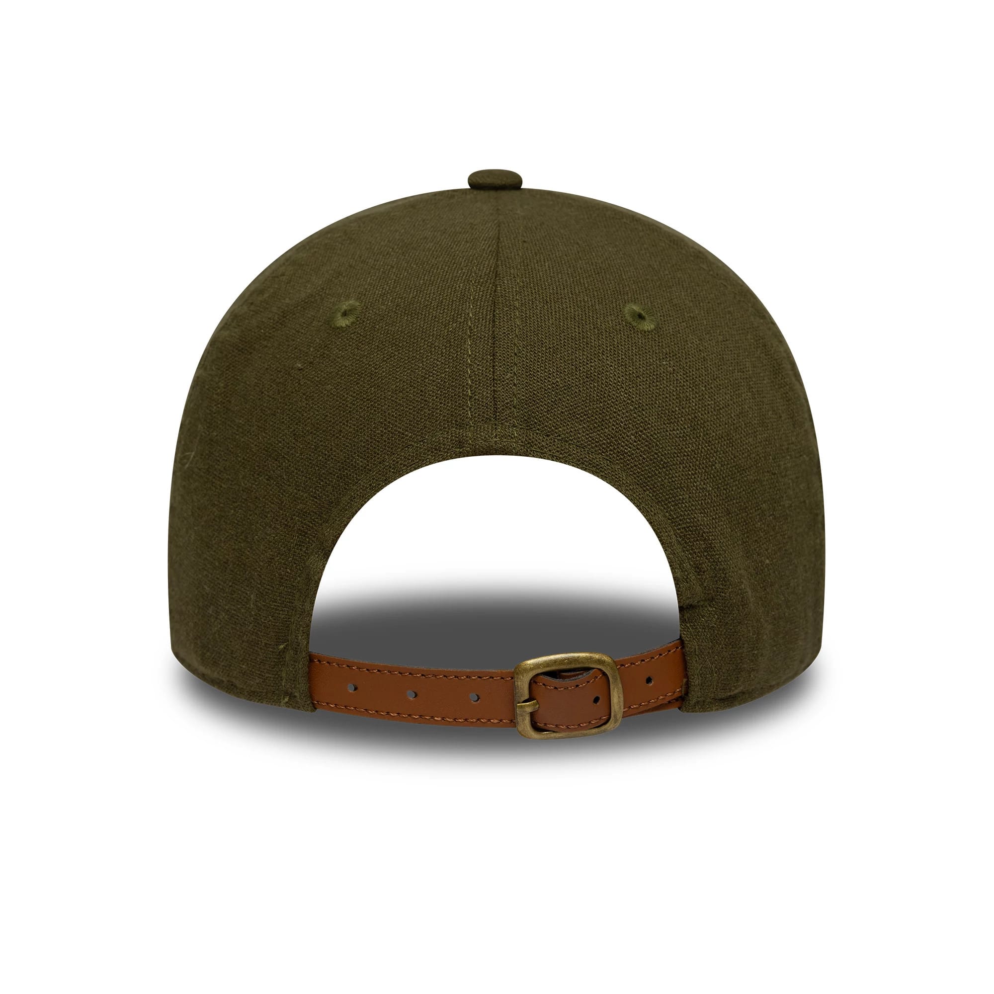 LA Dodgers MLB Linen Green New Era 9TWENTY Adjustable Cap, rear view showing the unstructured linen green crown with green eyelets, and a brown leather strap with brass buckle for size adjustment.