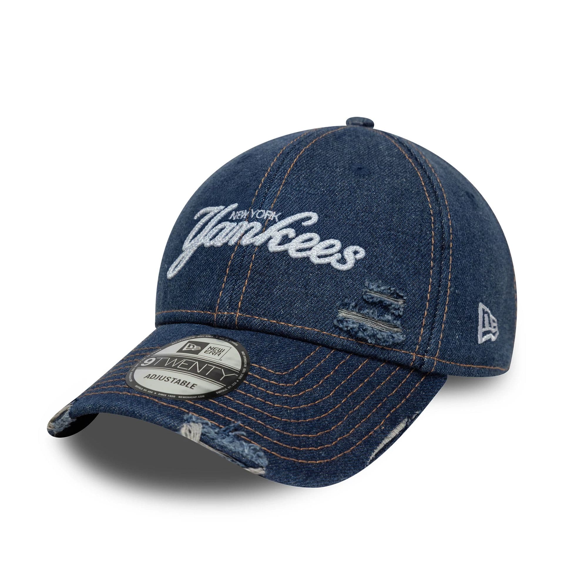 Pictured is this MLB Denim Distressed New York Yankees 9TWENTY in navy. 1