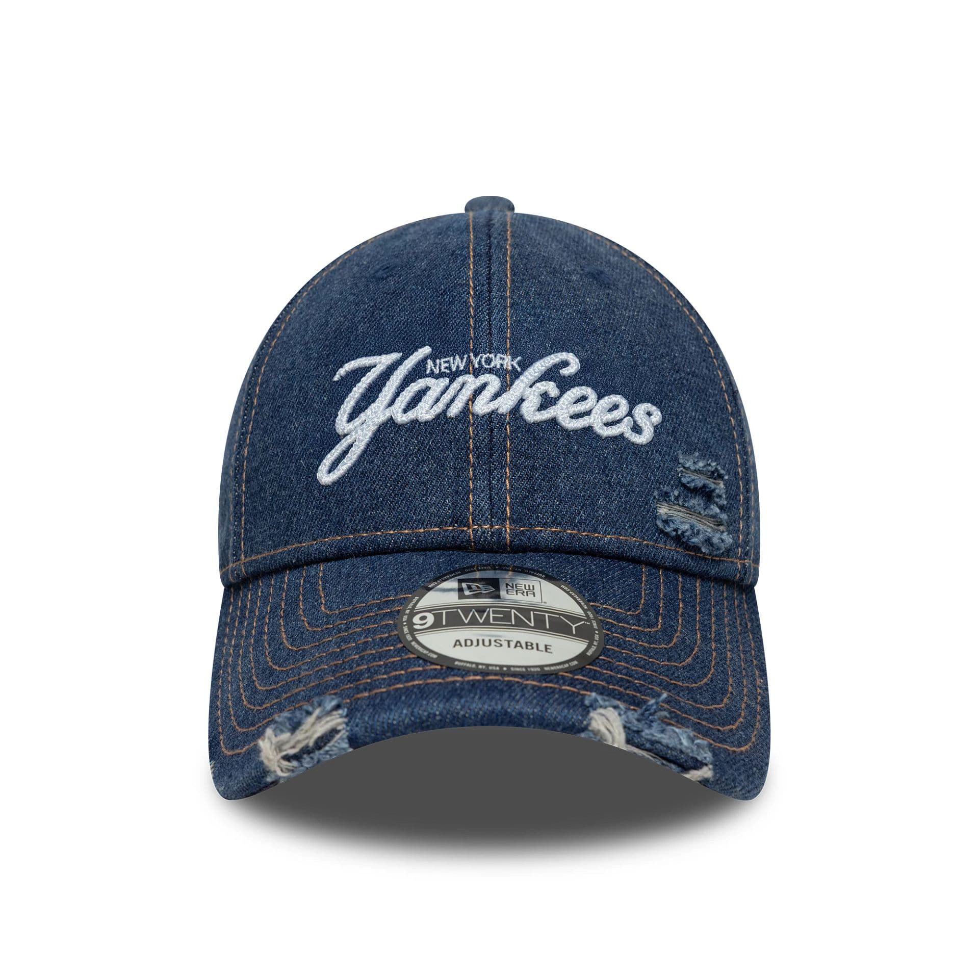 Pictured is this MLB Denim Distressed New York Yankees 9TWENTY in navy. 2