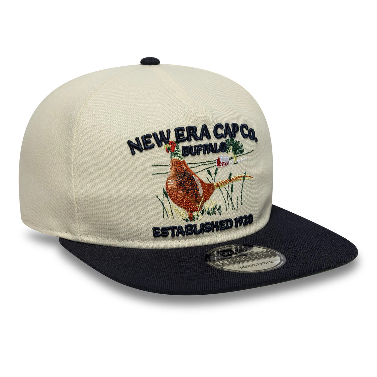 New Era Outdoor Graphic Light Beige New Era 19TWENTY Adjustable Cap, three-quarter view showing an intricately embroidered pheasant and landscape design on the front panel, with a contrasting black visor and a 19TWENTY size sticker.