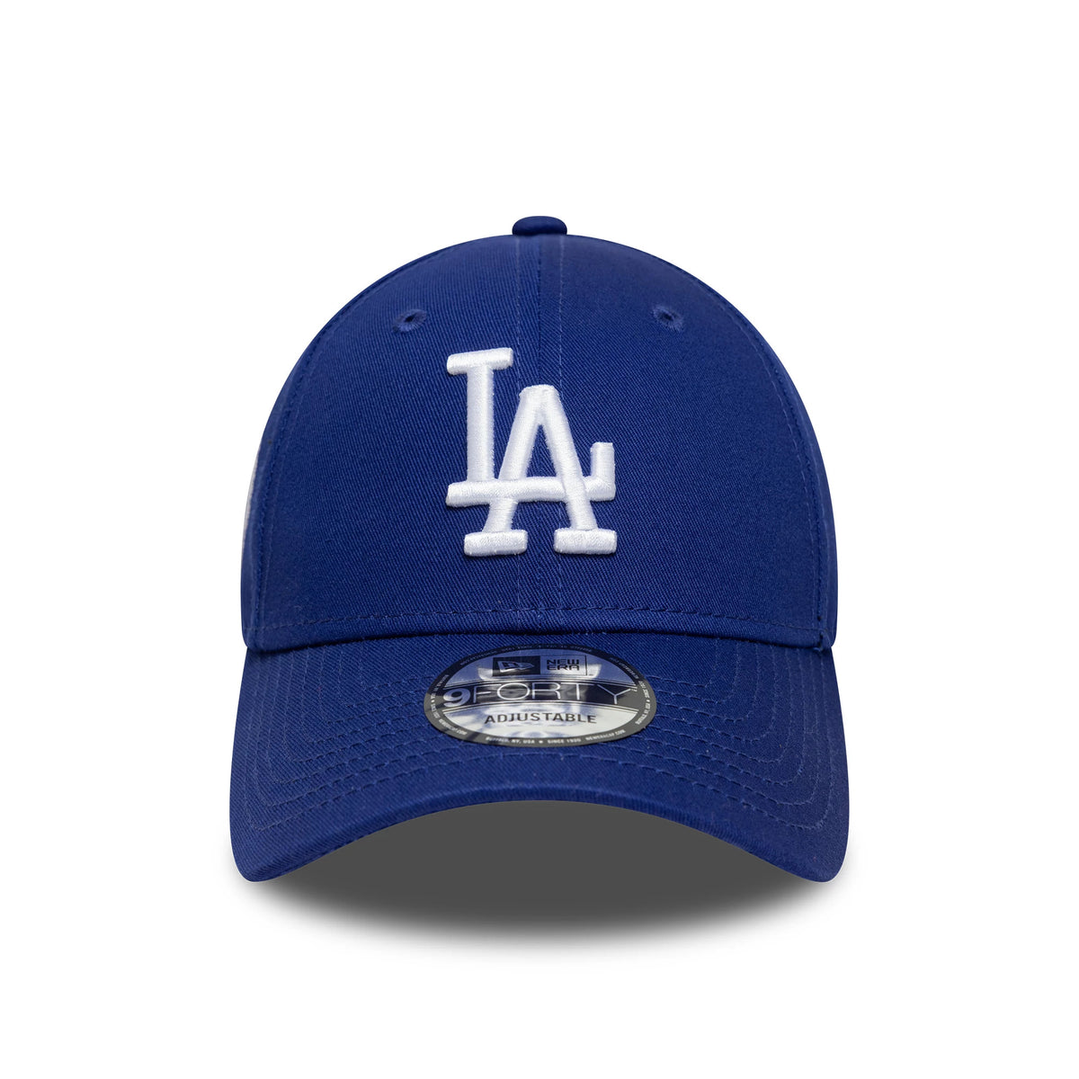 LA Dodgers MLB Side Patch Dark Blue New Era 9FORTY Cap, front view showing the raised white LA embroidered logo on the structured dark blue crown with a 9FORTY size sticker on the curved visor.