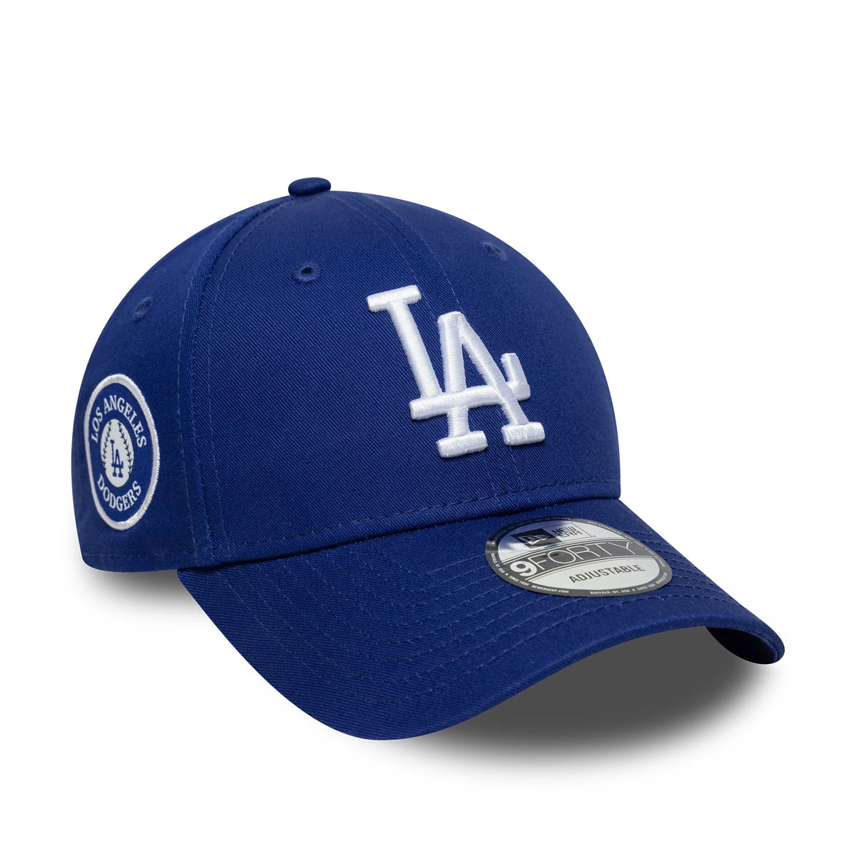 LA Dodgers MLB Side Patch Dark Blue New Era 9FORTY Cap, three-quarter view showing the raised white LA logo embroidered on the front panel, dark blue curved visor with a 9FORTY size sticker, and a circular Dodgers side patch.