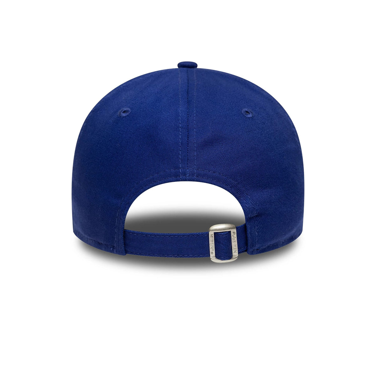 LA Dodgers MLB Side Patch Dark Blue New Era 9FORTY Cap, rear view showing the adjustable strap with a silver buckle and a dark blue fabric, complemented by two matching embroidered eyelets.